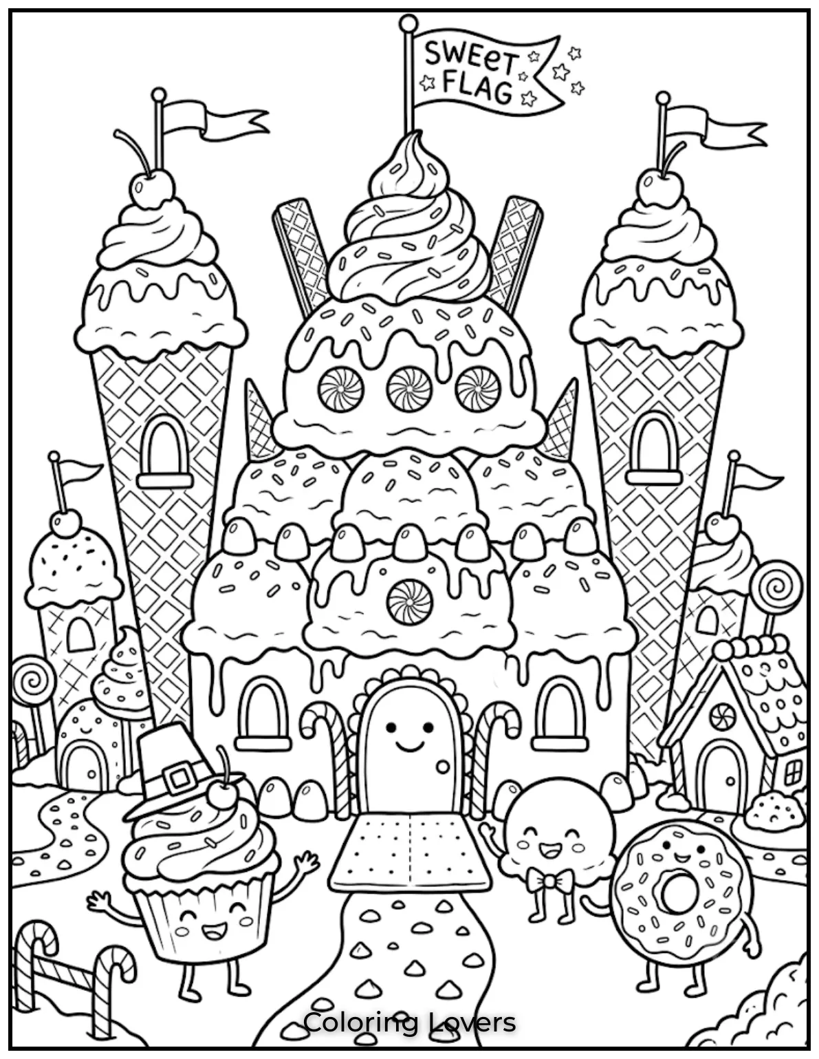 Ice Cream Coloring Pages: Sweet & Magical Fun 3 Kids can color a sweet ice-cream castle filled with candy towers, flags, and fun details.