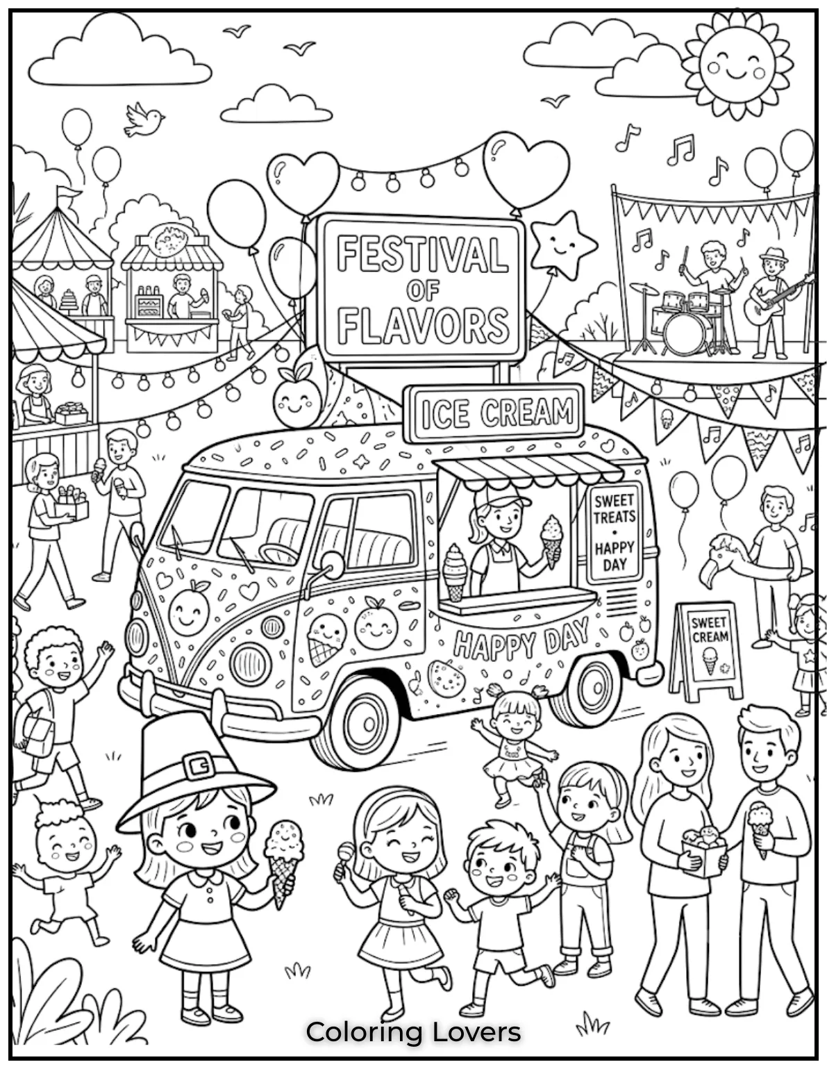 Ice Cream Coloring Pages: Sweet & Magical Fun 10 A decorated ice-cream truck joins a festival filled with music, treats, and excitement.