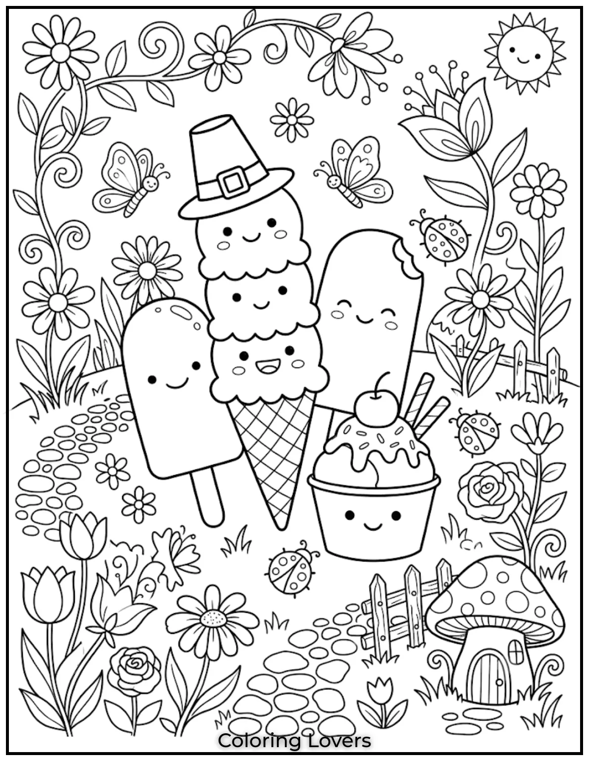 Ice Cream Coloring Pages: Sweet & Magical Fun 6 Cute ice-cream treats explore a colorful garden filled with flowers, butterflies, and friendly bugs.