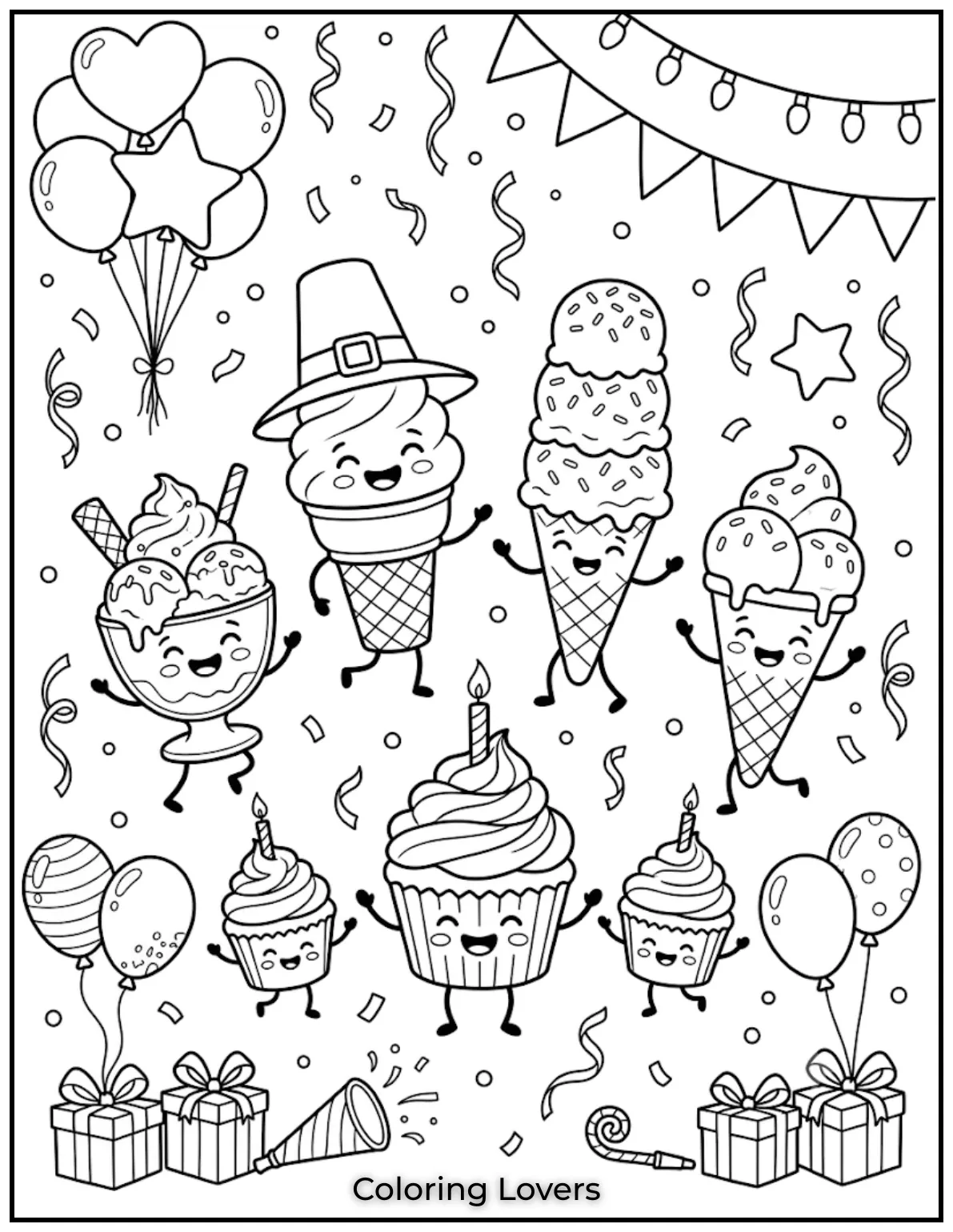 Ice Cream Coloring Pages: Sweet & Magical Fun 8 A fun ice-cream party includes balloons, cupcakes, confetti, music, and smiling friends everywhere.