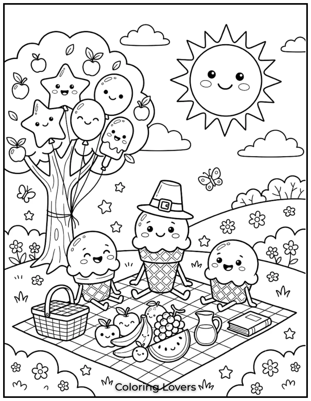 Ice Cream Coloring Pages: Sweet & Magical Fun 5 Happy ice-cream friends enjoy a picnic outdoors with balloons, snacks, sunshine, and laughter together.