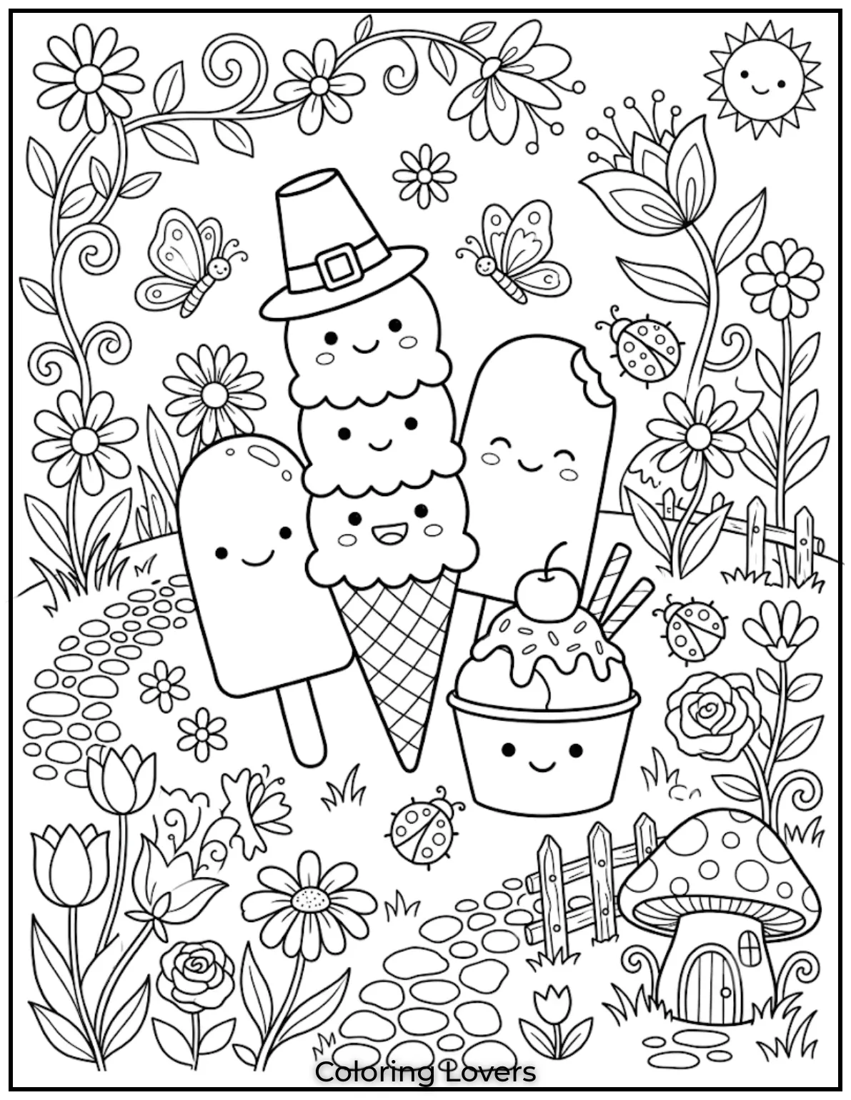 Ice Cream Coloring Pages: Sweet & Magical Fun 7 Kids will love coloring ice-cream characters playing together on slides, swings, and playground equipment.