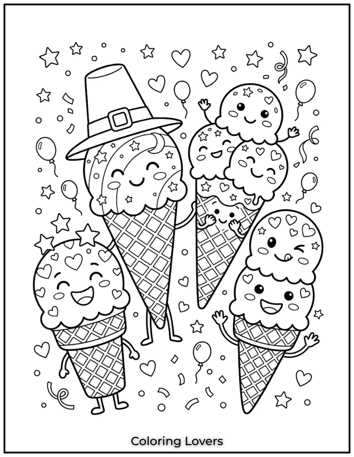 Ice Cream Coloring Pages: Sweet & Magical Fun 13 Bright rainbow ice-cream scoops create a cheerful page filled with colors and happiness.