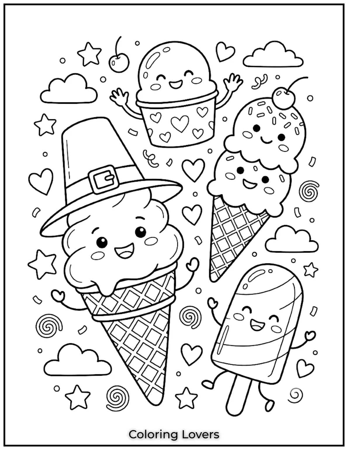 Ice Cream Coloring Pages: Sweet & Magical Fun 14 Smiling ice-cream characters make coloring easy, fun, and enjoyable for young children everywhere.