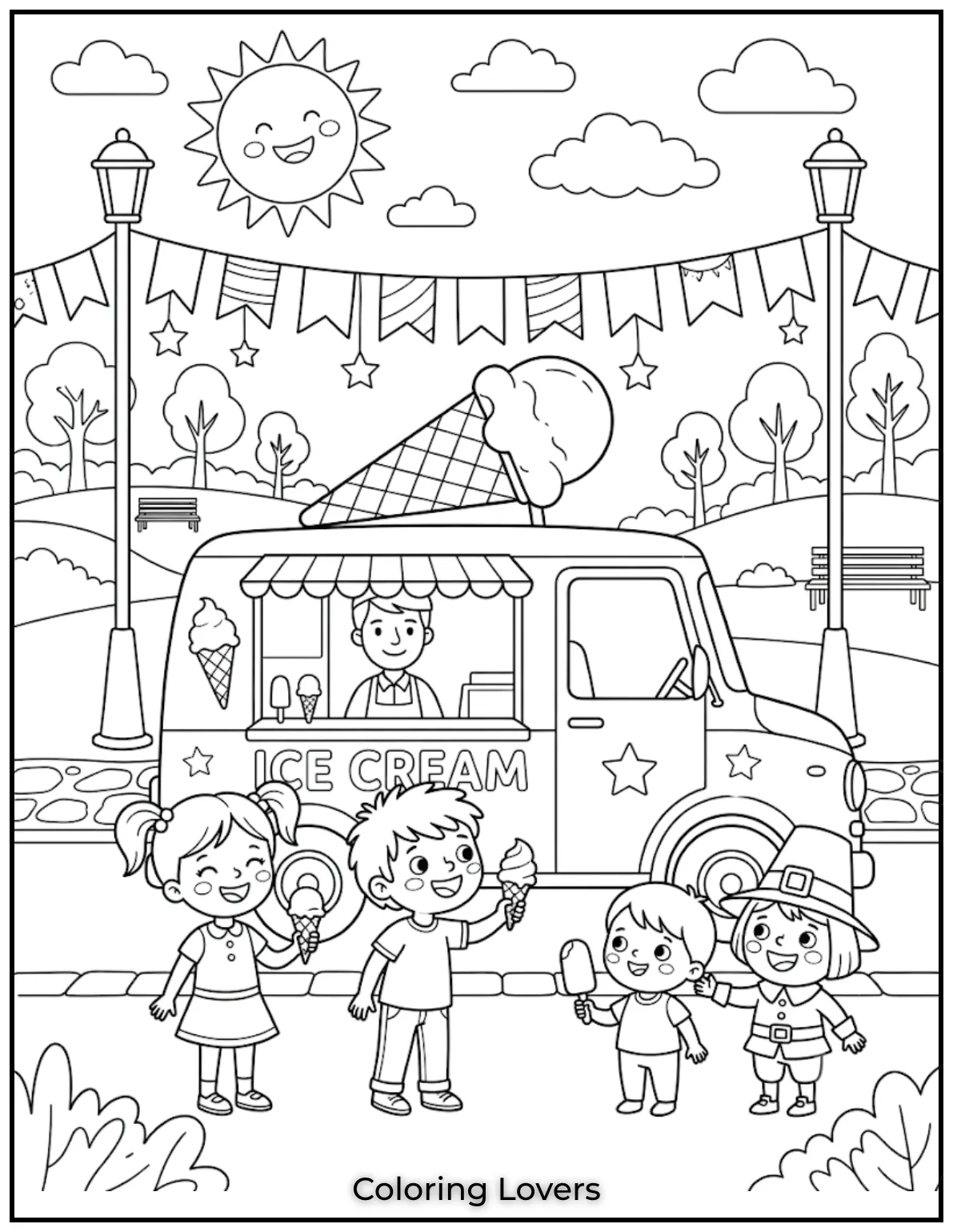 Ice Cream Coloring Pages: Sweet & Magical Fun 9 This friendly ice-cream truck serves tasty treats while children happily gather around nearby.
