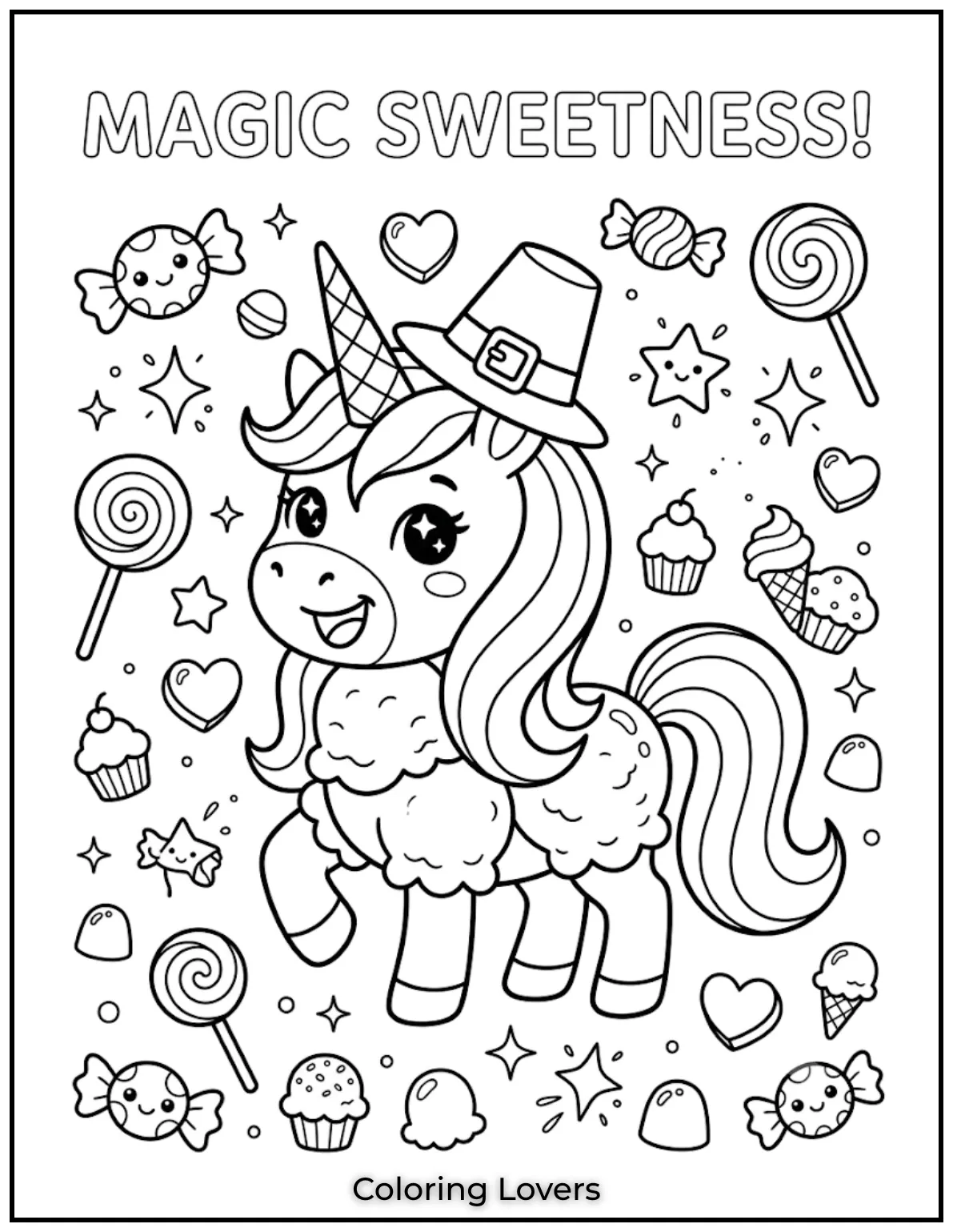 Ice Cream Coloring Pages: Sweet & Magical Fun 4 This magical ice-cream unicorn features rainbow decorations, cute stars, and cheerful fantasy elements everywhere.