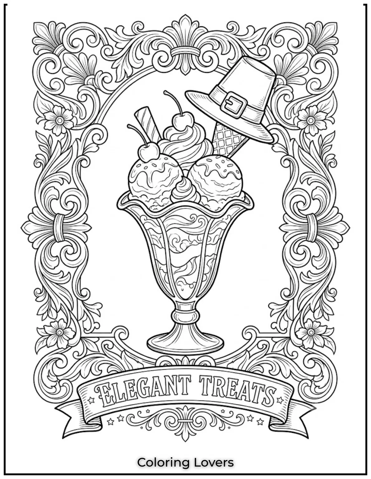 Ice Cream Coloring Pages: Sweet & Magical Fun 16 This vintage ice-cream design features classic details, elegant decorations, and timeless artistic charm.
