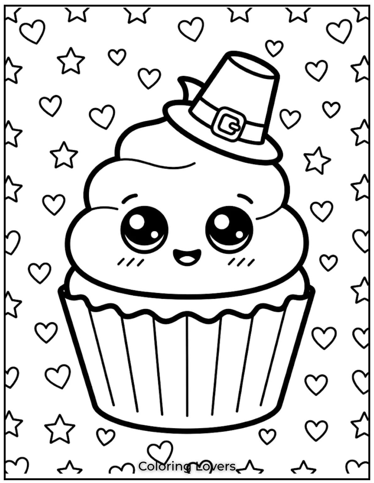 Surprising Cupcake Coloring Pages 3 Cute kawaii cupcake coloring page shows smiling cupcake with eyes, hearts, and stars.