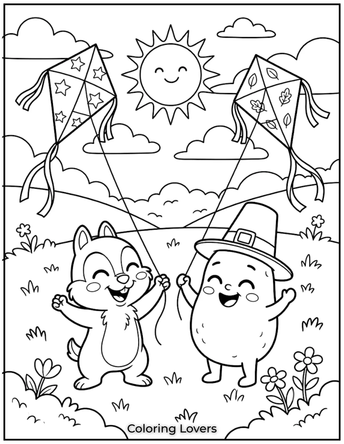 Free Potato Coloring Pages | The Cutest Printables for All 8 Draw Chip and Potato flying colorful kites together under blue skies while laughing during a breezy afternoon adventure.