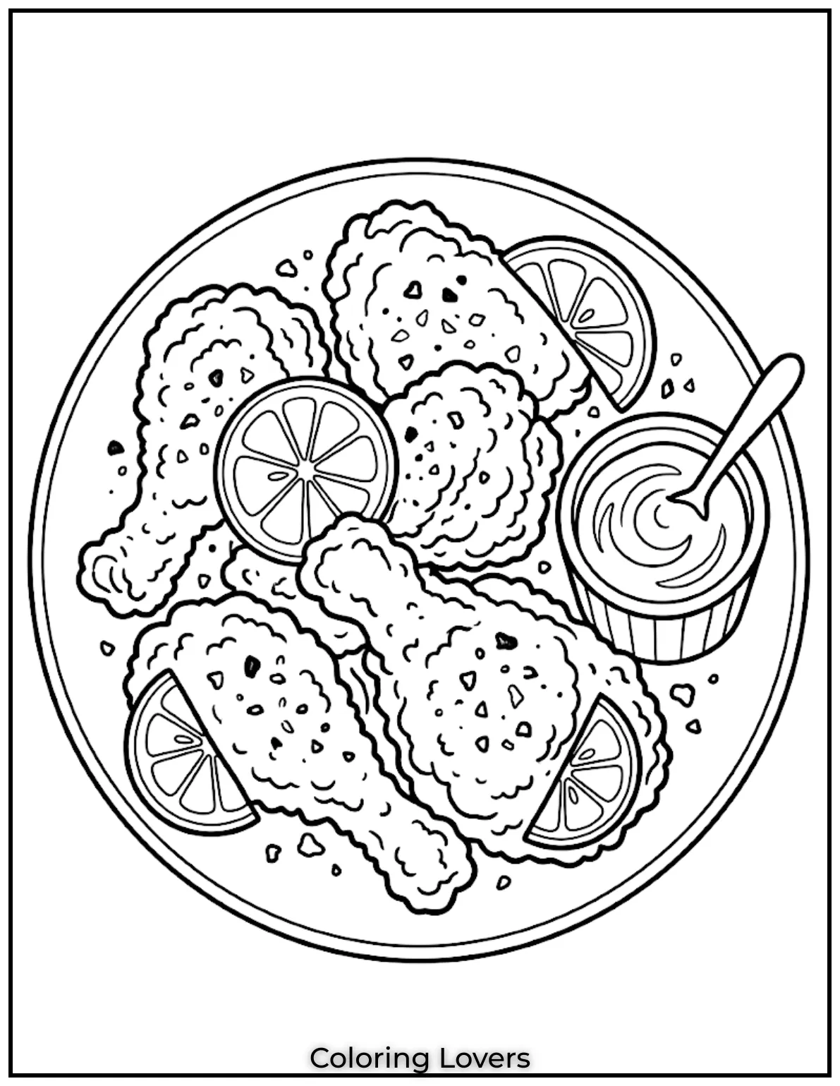 Fried Chicken Coloring Pages That Kids Absolutely Love! 8 Lemon pepper fried chicken coloring pages feature citrus seasoning chicken served with light sauce dips