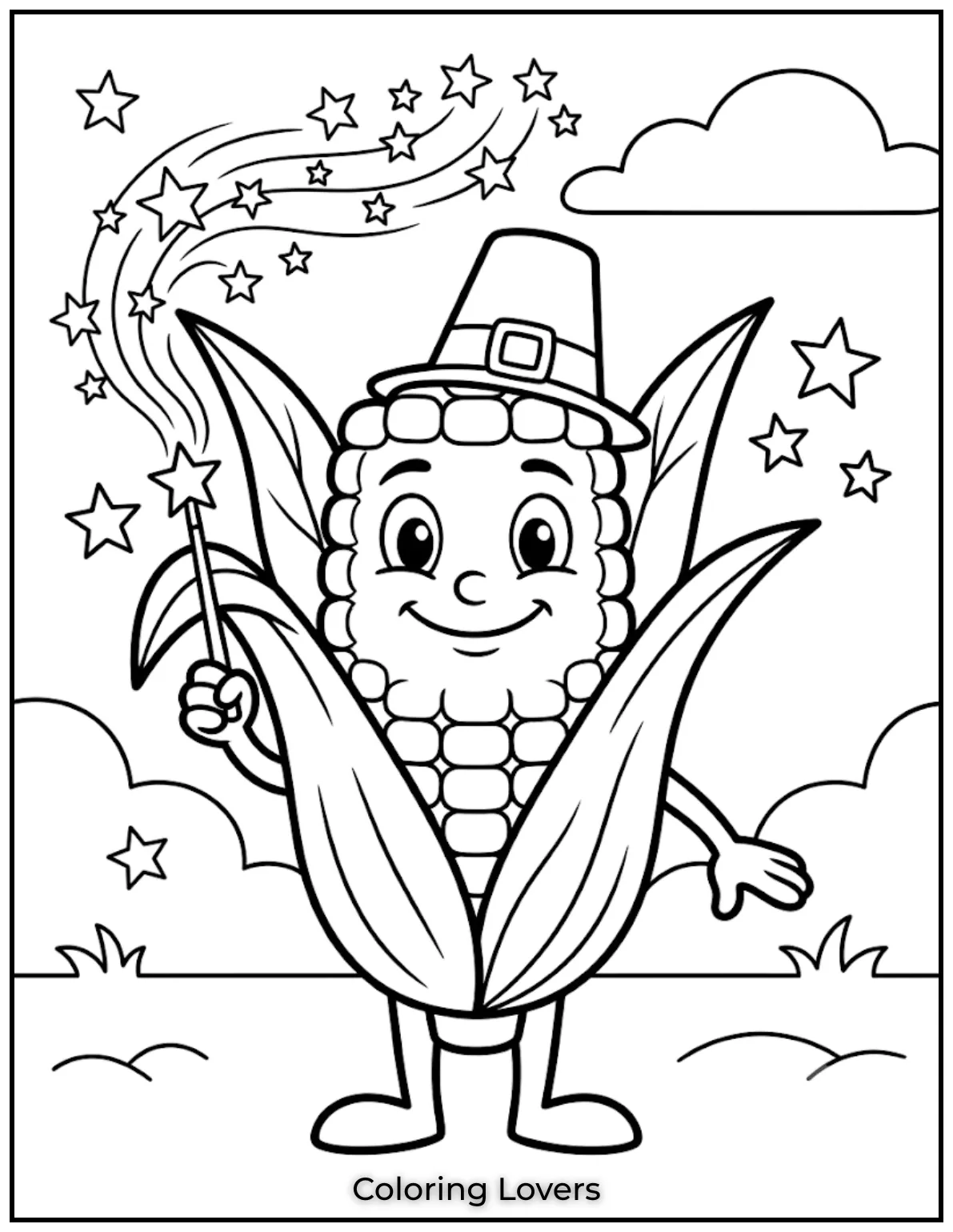 Fall in Love with These Adorable Corn Coloring Pages 20 A magic corn coloring page includes sparkling stars, a tiny wand, and bold outlines for creative coloring adventures.