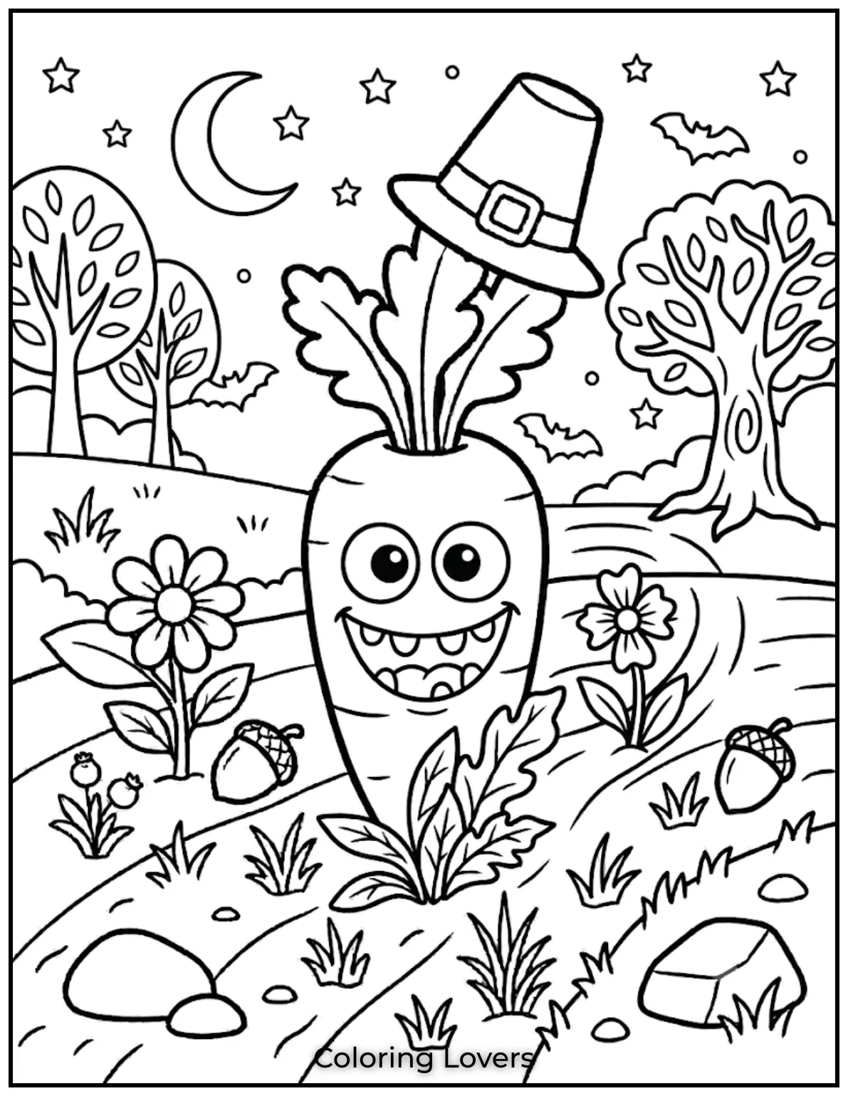 Carrot Coloring Pages That Kids Absolutely Love to Print 13 This carrot coloring page features a monster carrot with funny teeth and large eyes.