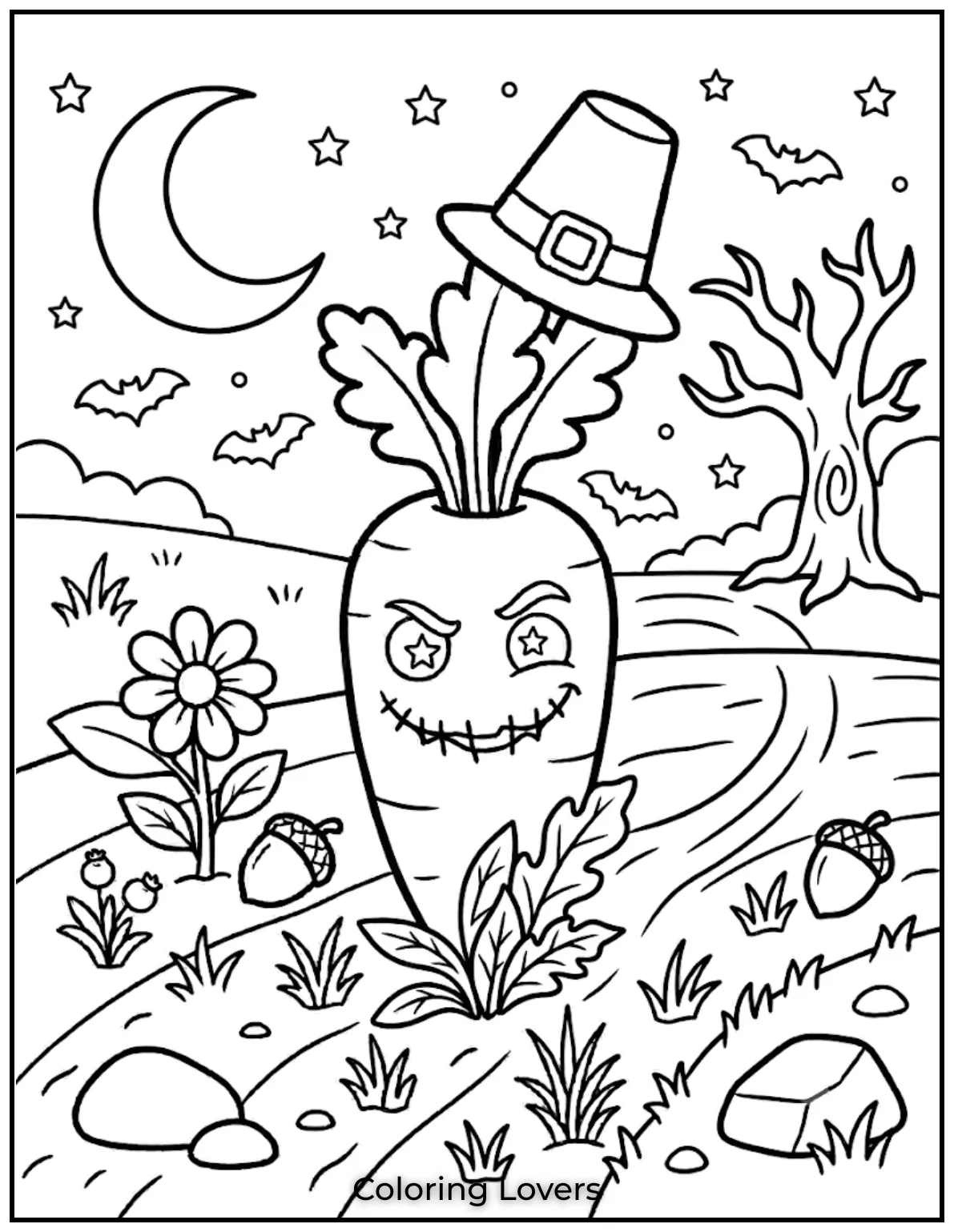 Carrot Coloring Pages That Kids Absolutely Love to Print 12 This carrot coloring page shows a spooky carrot standing beneath a bright moonlight sky.