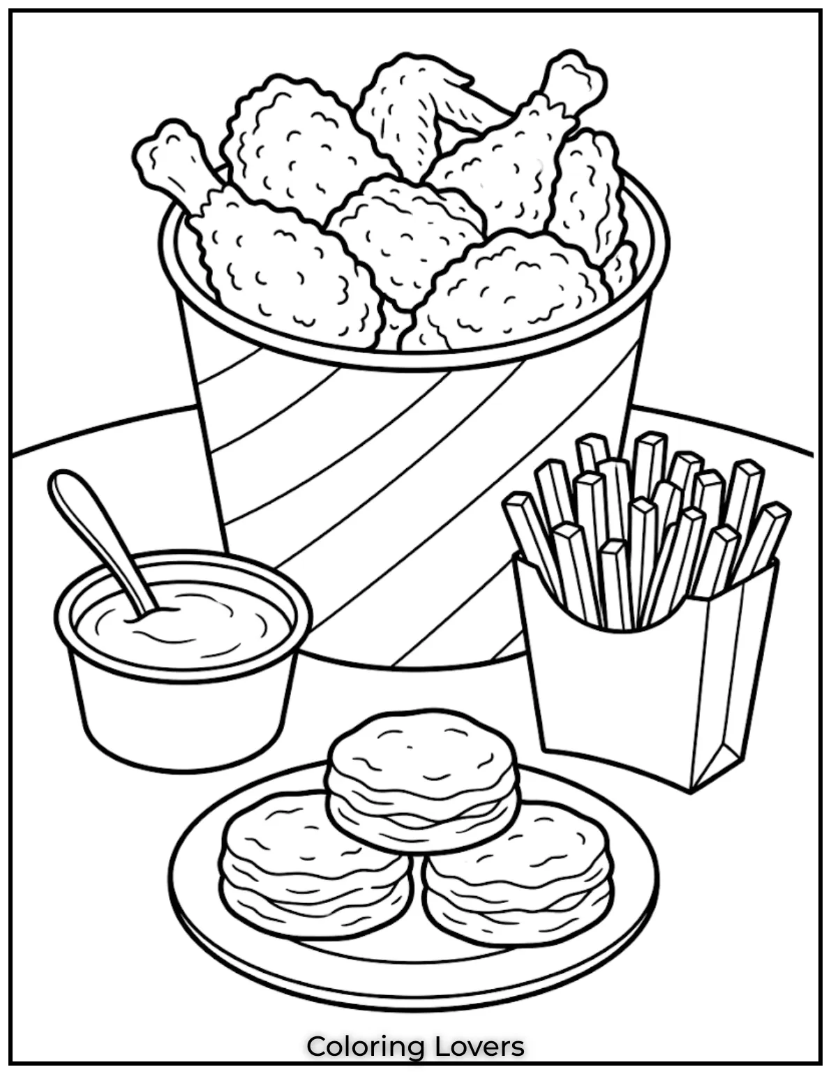 Fried Chicken Coloring Pages That Kids Absolutely Love! 12 Original fried chicken bucket coloring pages feature classic seasoning with gravy biscuits fries and sauces