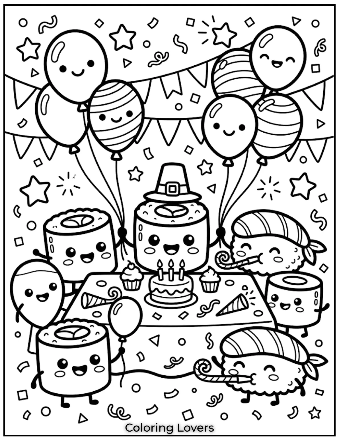 Cute Sushi Coloring Pages All Will Absolutely Love 8 A party sushi coloring page brings festive fun, decorations, and creative coloring adventures together.