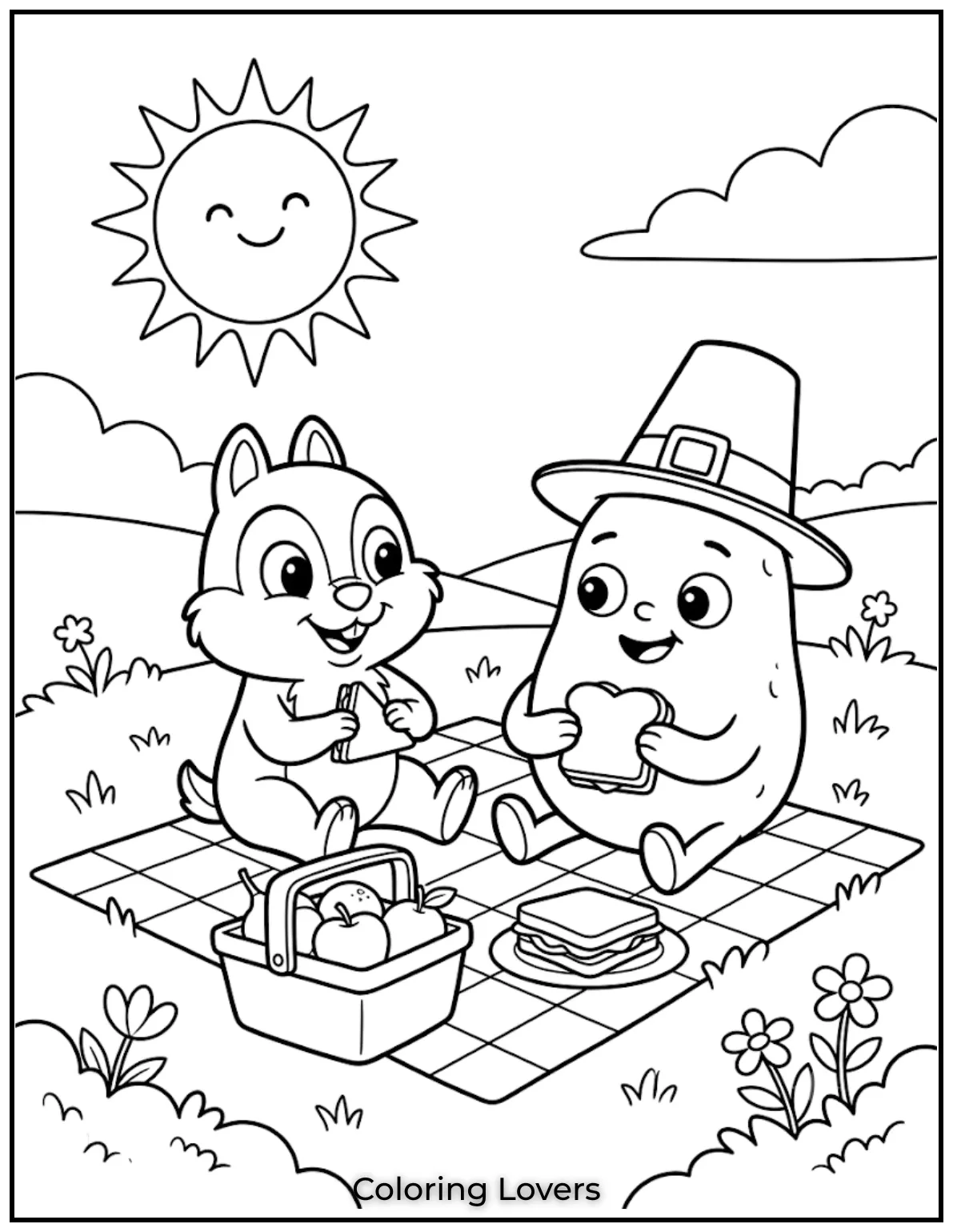 Free Potato Coloring Pages | The Cutest Printables for All 7 Color Chip and Potato enjoying a picnic with tasty snacks, fresh fruit, bright sunshine, and green grass outside.