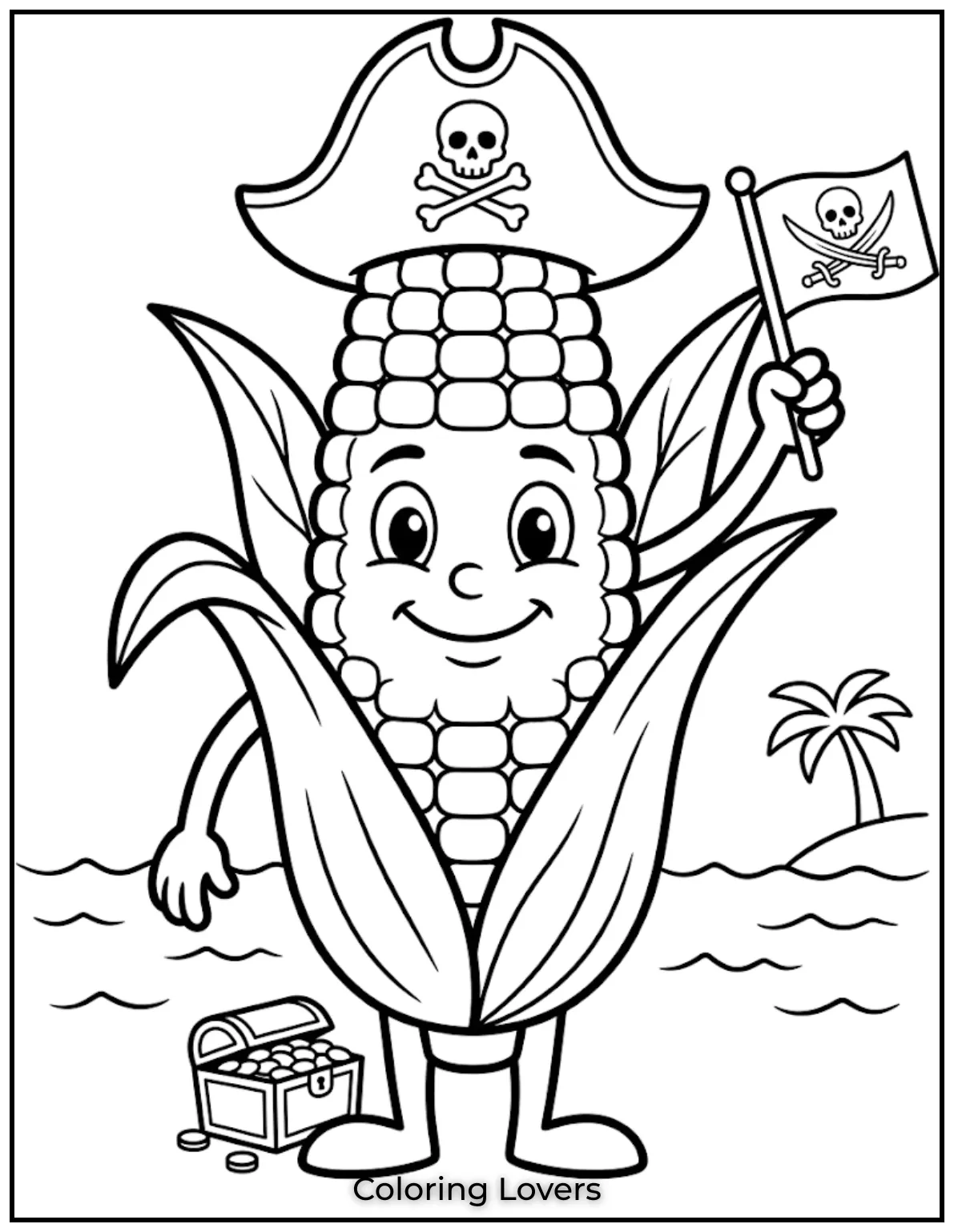 Fall in Love with These Adorable Corn Coloring Pages 15 A pirate corn coloring page adds playful adventure with simple details that children can color without any difficulty.