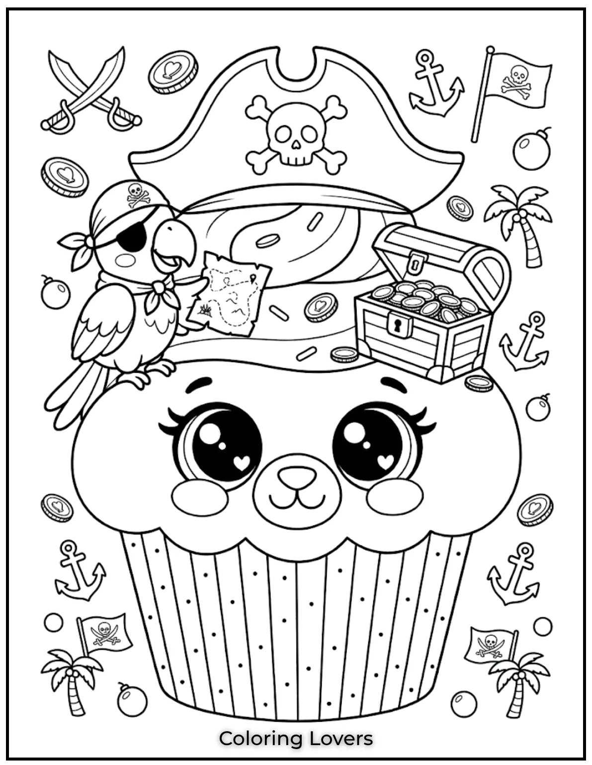 Surprising Cupcake Coloring Pages 11 Pirate cupcake coloring page includes hat, treasure, parrot, and fun cartoon coloring style.