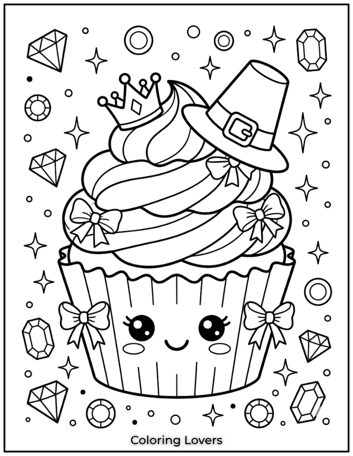 Surprising Cupcake Coloring Pages 6 Princess cupcake coloring page shows crown, sparkles, bows, and adorable smiling cupcake design.