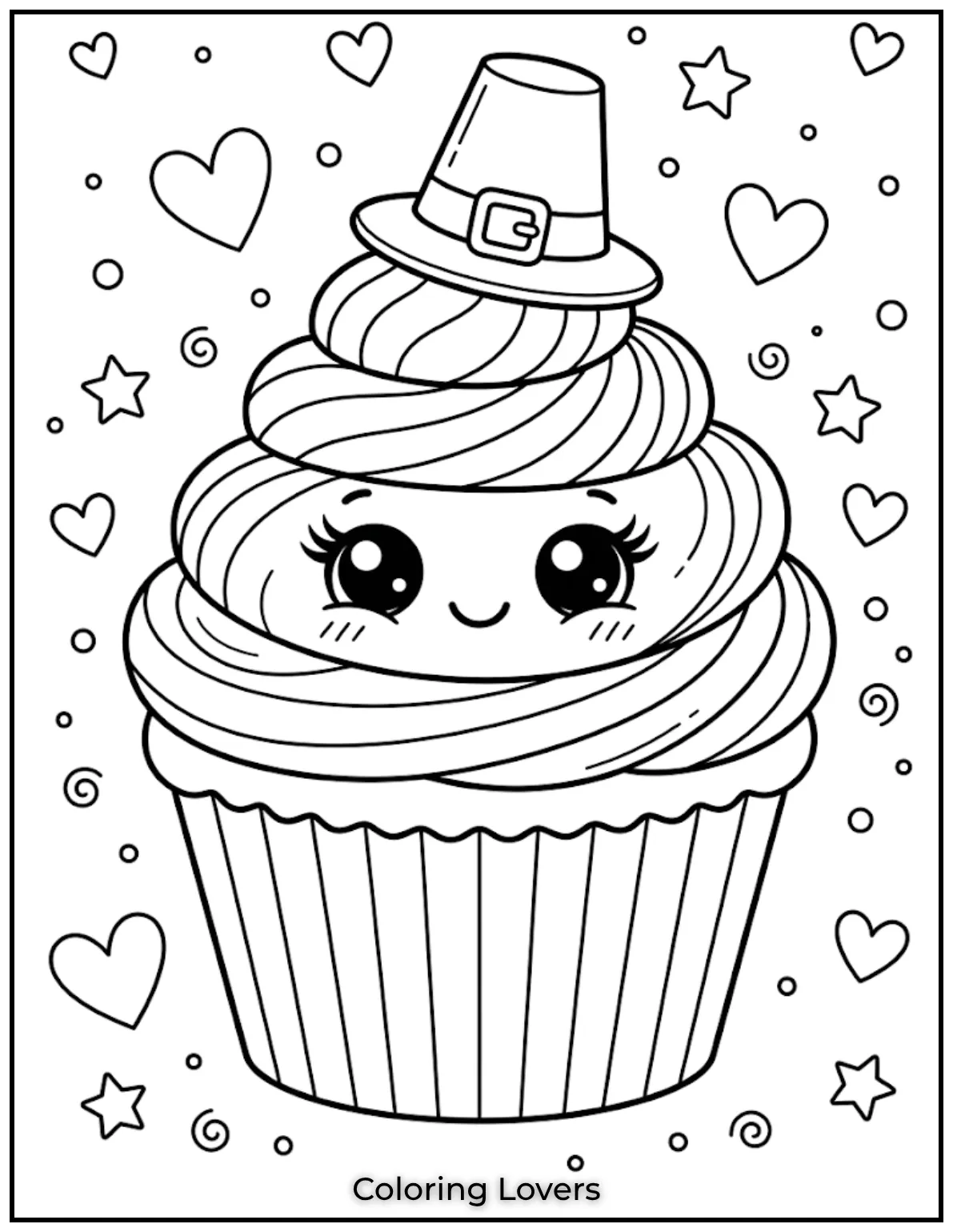 Surprising Cupcake Coloring Pages 7 Rainbow cupcake coloring page features colorful frosting, happy face, hearts, and simple outlines.