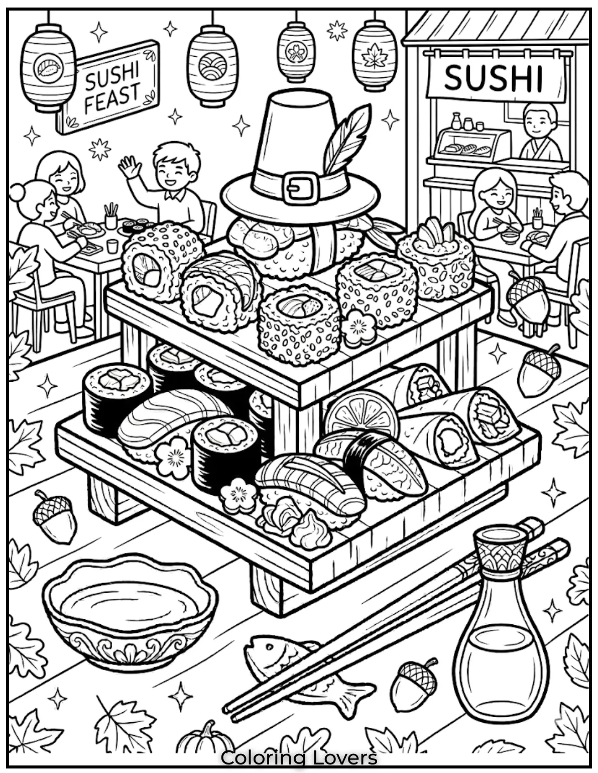 Cute Sushi Coloring Pages All Will Absolutely Love 32 This restaurant sushi coloring page creates a fun dining atmosphere children will enjoy coloring.