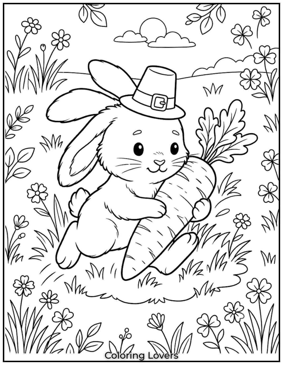 Carrot Coloring Pages That Kids Absolutely Love to Print 17 This carrot coloring page shows a running bunny carrying a carrot across grassy paths.
