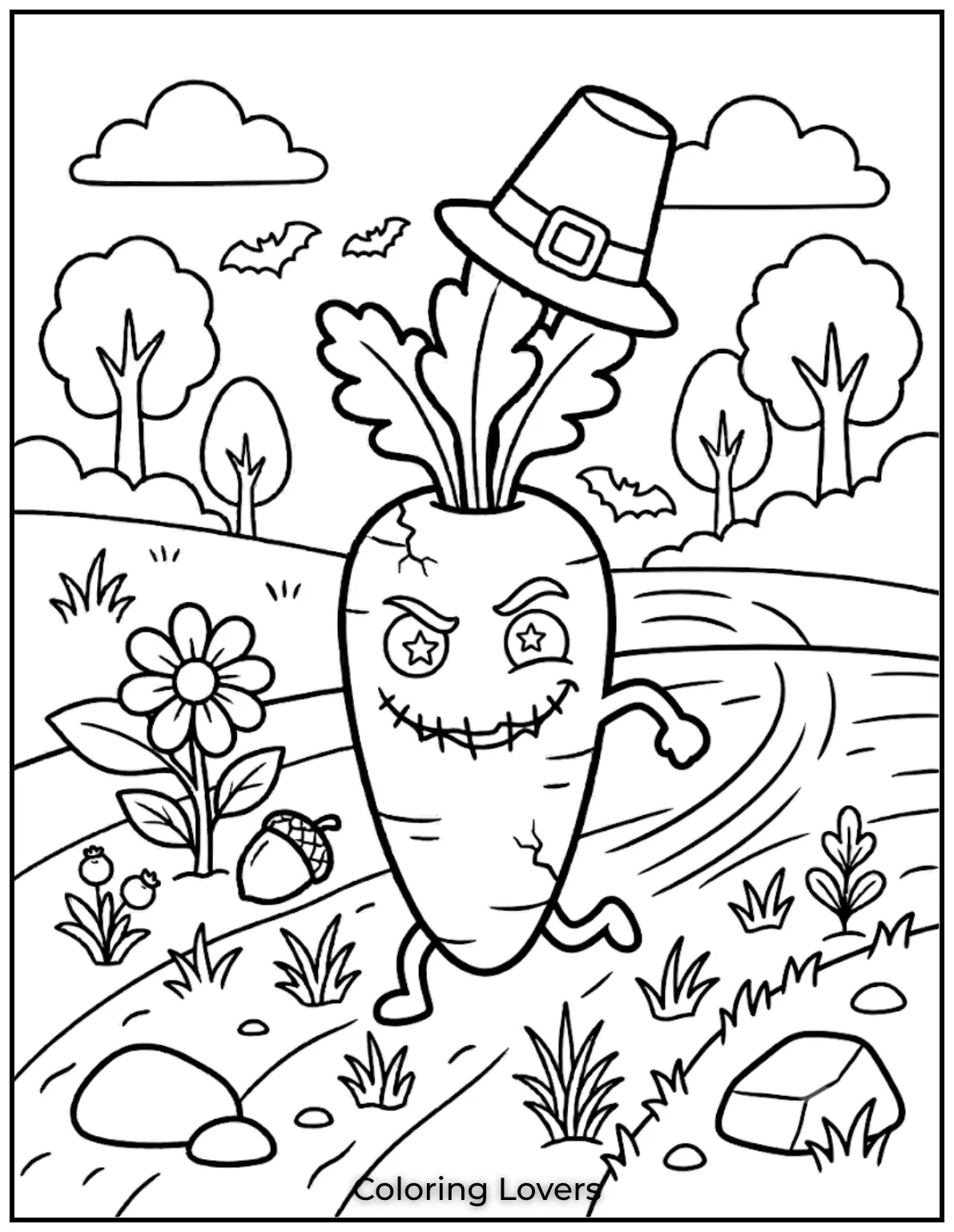 Carrot Coloring Pages That Kids Absolutely Love to Print 10 This carrot coloring page shows a creepy carrot running quickly through fields at night.