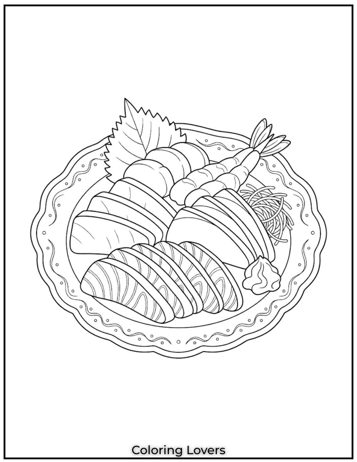 Cute Sushi Coloring Pages All Will Absolutely Love 21 This sashimi sushi coloring page highlights carefully prepared slices with appealing coloring opportunities.
