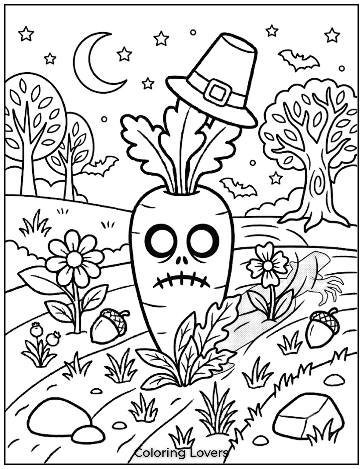 Carrot Coloring Pages That Kids Absolutely Love to Print 14 This carrot coloring page shows a creepy carrot creating strange shadows for spooky fun.