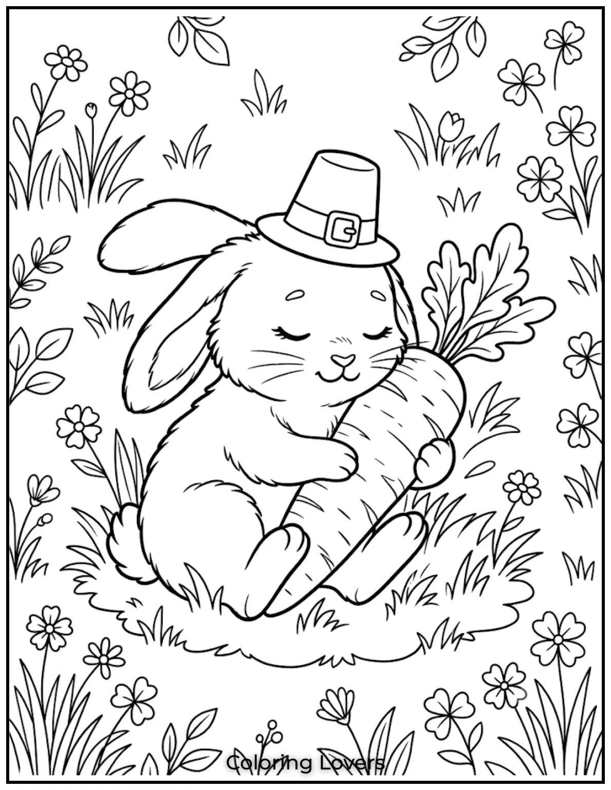Carrot Coloring Pages That Kids Absolutely Love to Print 16 This carrot coloring page features a sleeping bunny cuddling a carrot during nap time.