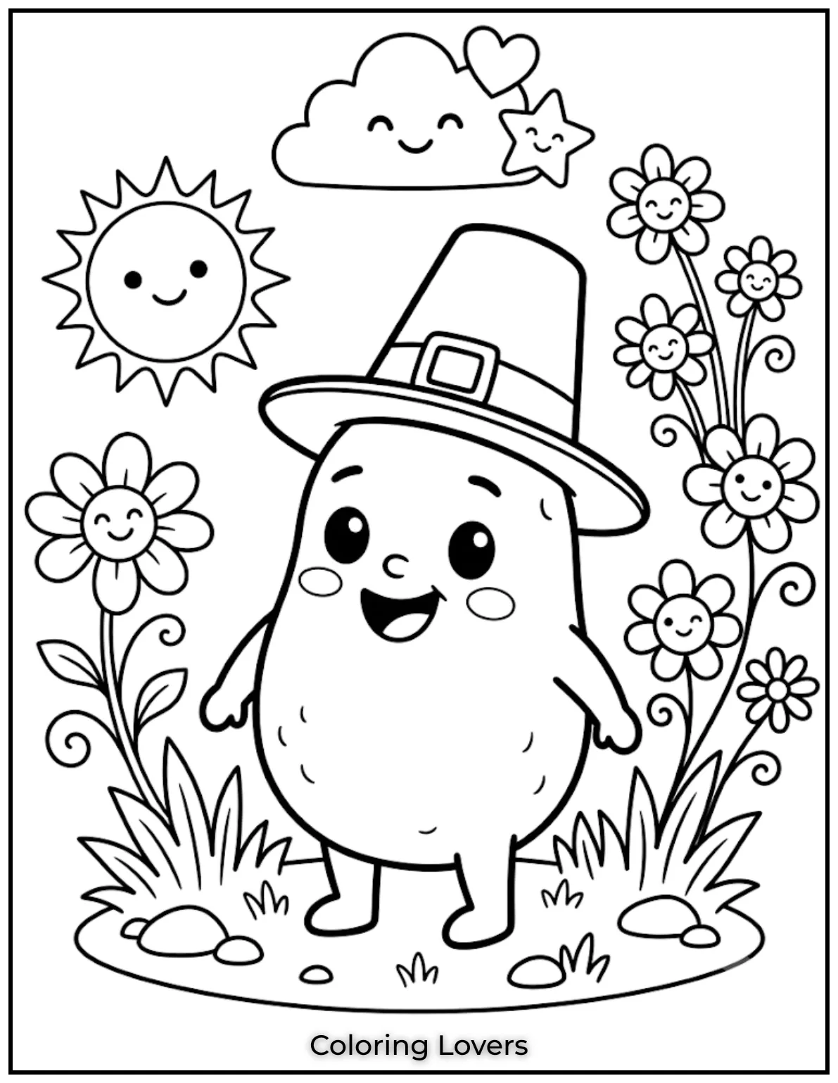 Free Potato Coloring Pages | The Cutest Printables for All 9 Color a smiling Potato with rosy cheeks, bright eyes, and happy expressions that children will absolutely enjoy coloring.
