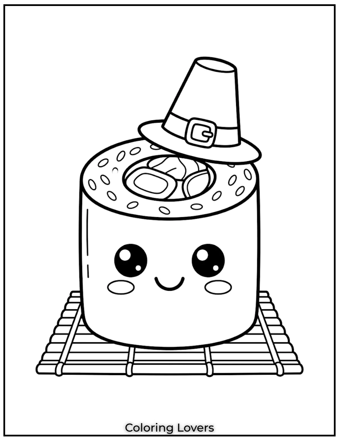 Cute Sushi Coloring Pages All Will Absolutely Love 3 This smiling sushi coloring page features adorable details, making coloring time exciting for kids.