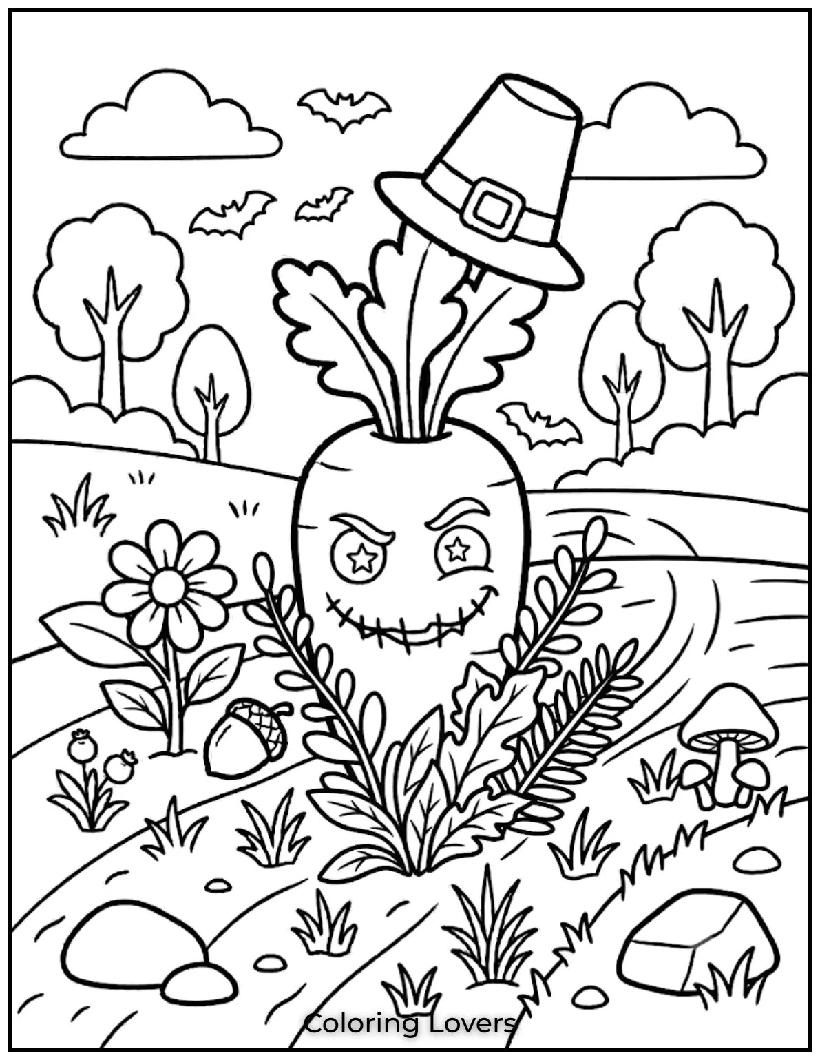Carrot Coloring Pages That Kids Absolutely Love to Print 11 This carrot coloring page features a sneaky carrot hiding quietly behind garden plants.