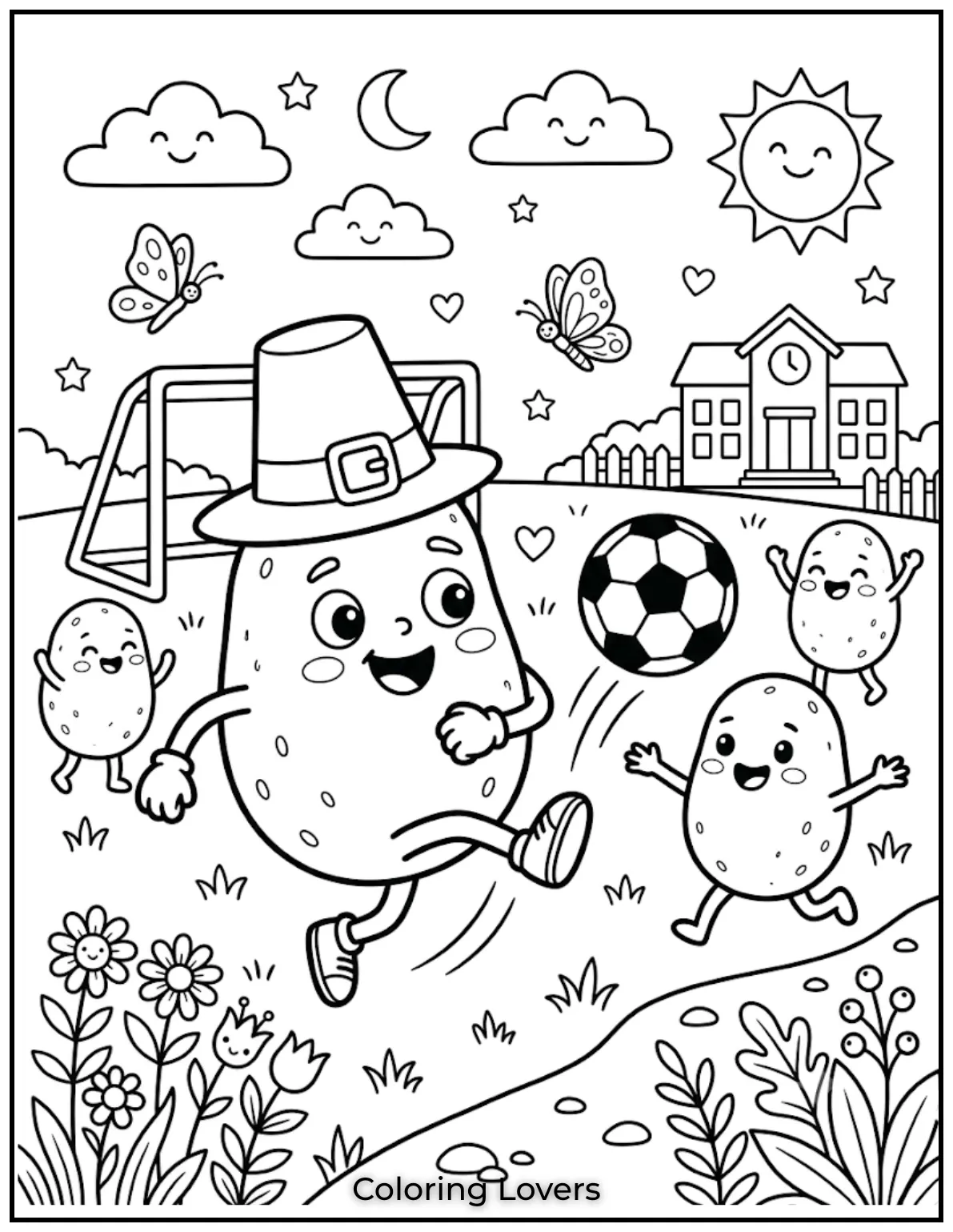 Free Potato Coloring Pages | The Cutest Printables for All 20 Draw Potato kicking a soccer ball with friends, enjoying exciting outdoor games across a grassy field after school.