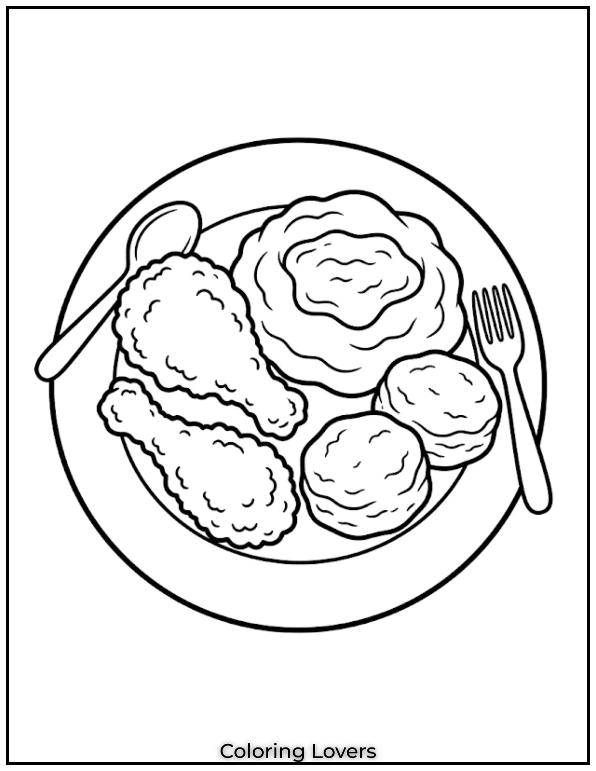 Fried Chicken Coloring Pages That Kids Absolutely Love! 9 Southern buttermilk fried chicken coloring pages show homestyle meal with biscuits gravy and mashed potatoes