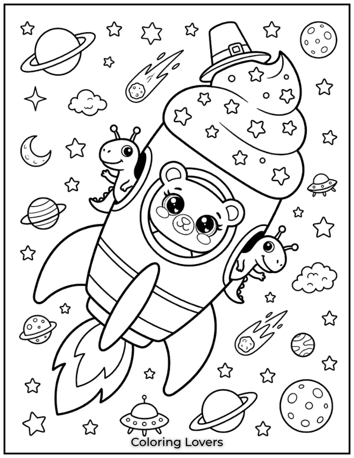 Surprising Cupcake Coloring Pages 13 Space cupcake coloring page features rocket cupcake flying among stars, planets, and simple details.