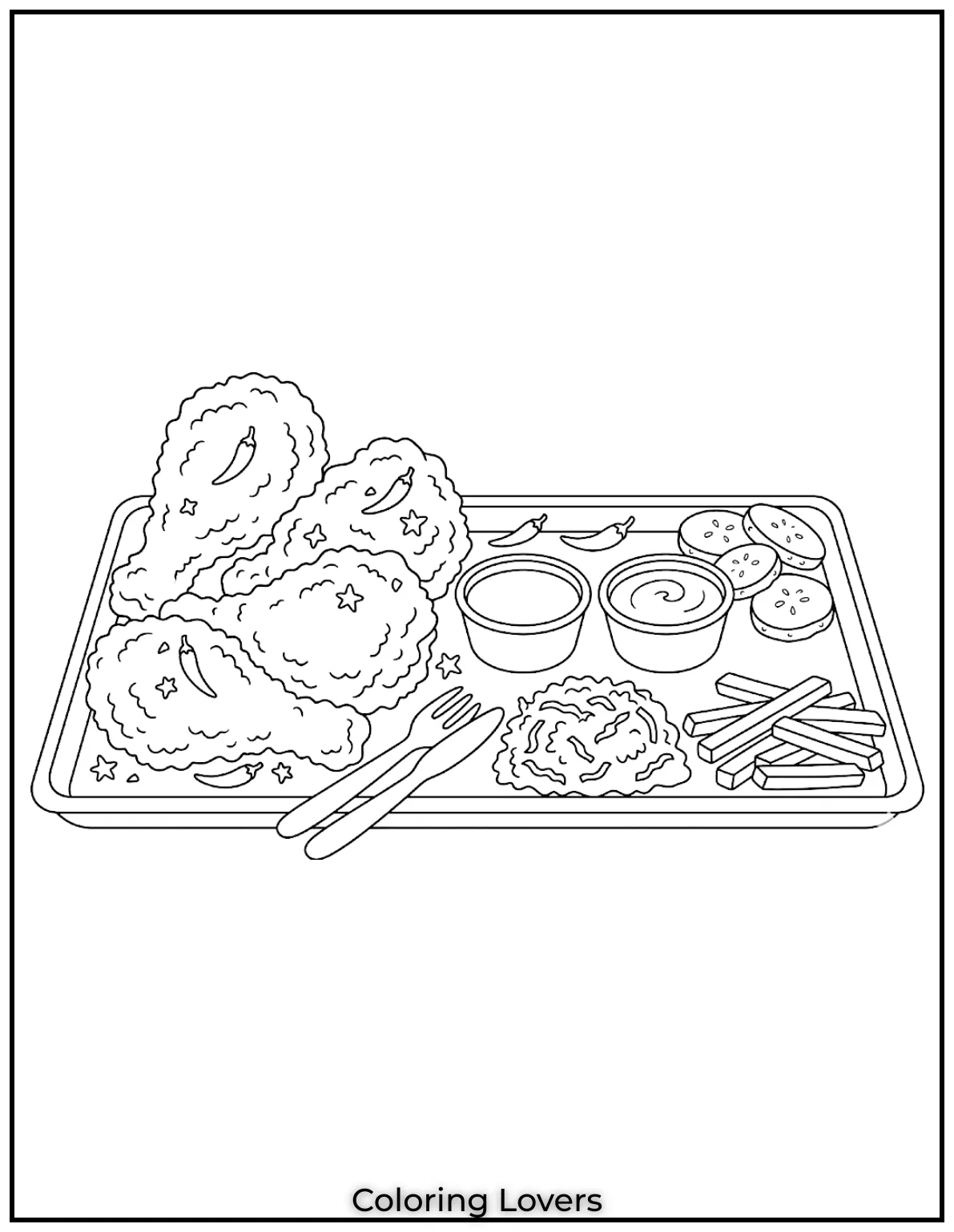 Fried Chicken Coloring Pages That Kids Absolutely Love! 4 Spicy fried chicken coloring pages feature chili coated pieces served with sauces and pickles together