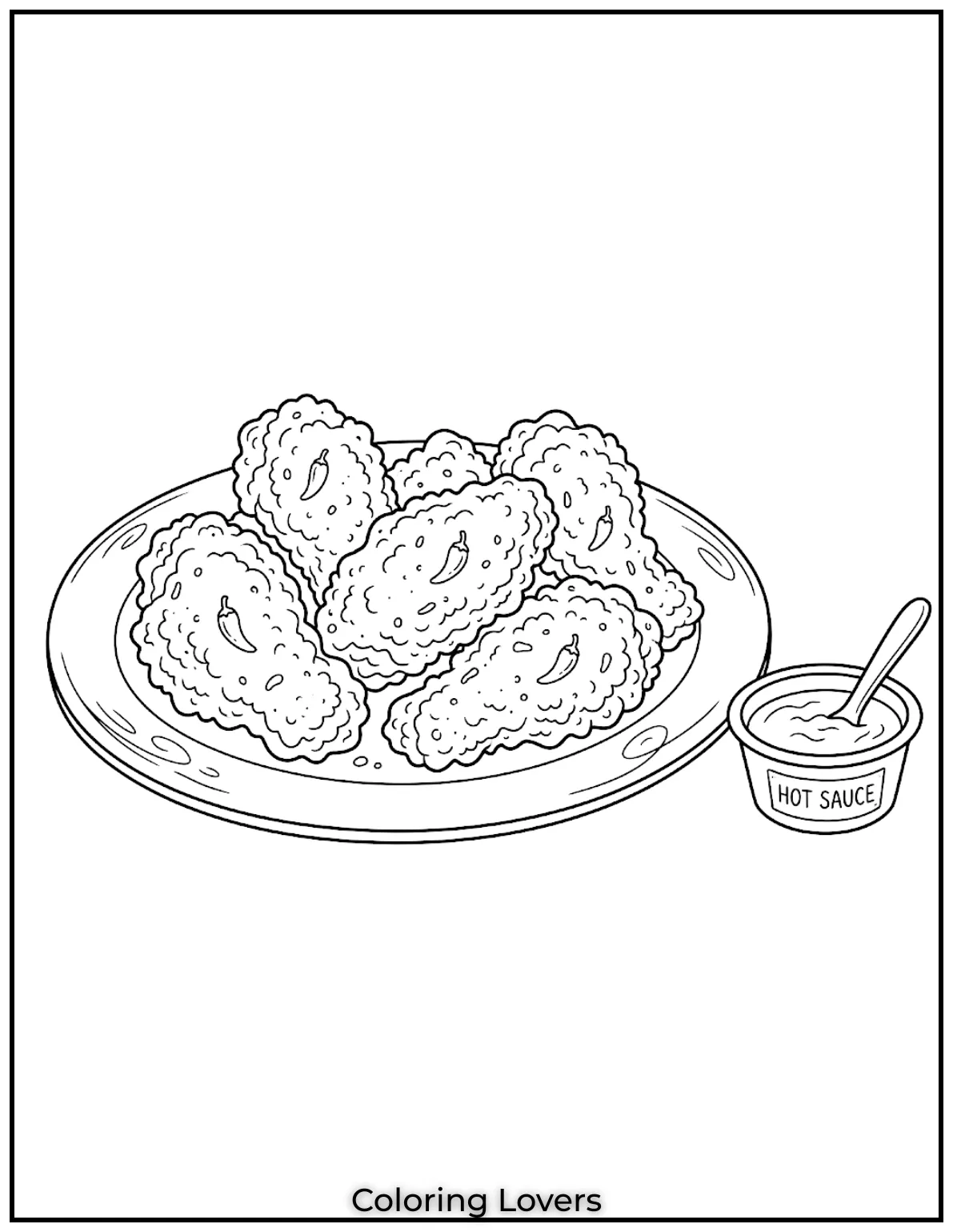 Fried Chicken Coloring Pages That Kids Absolutely Love! 16 Spicy Crown fried chicken coloring pages feature hot wings with chili sauce and dipping cups