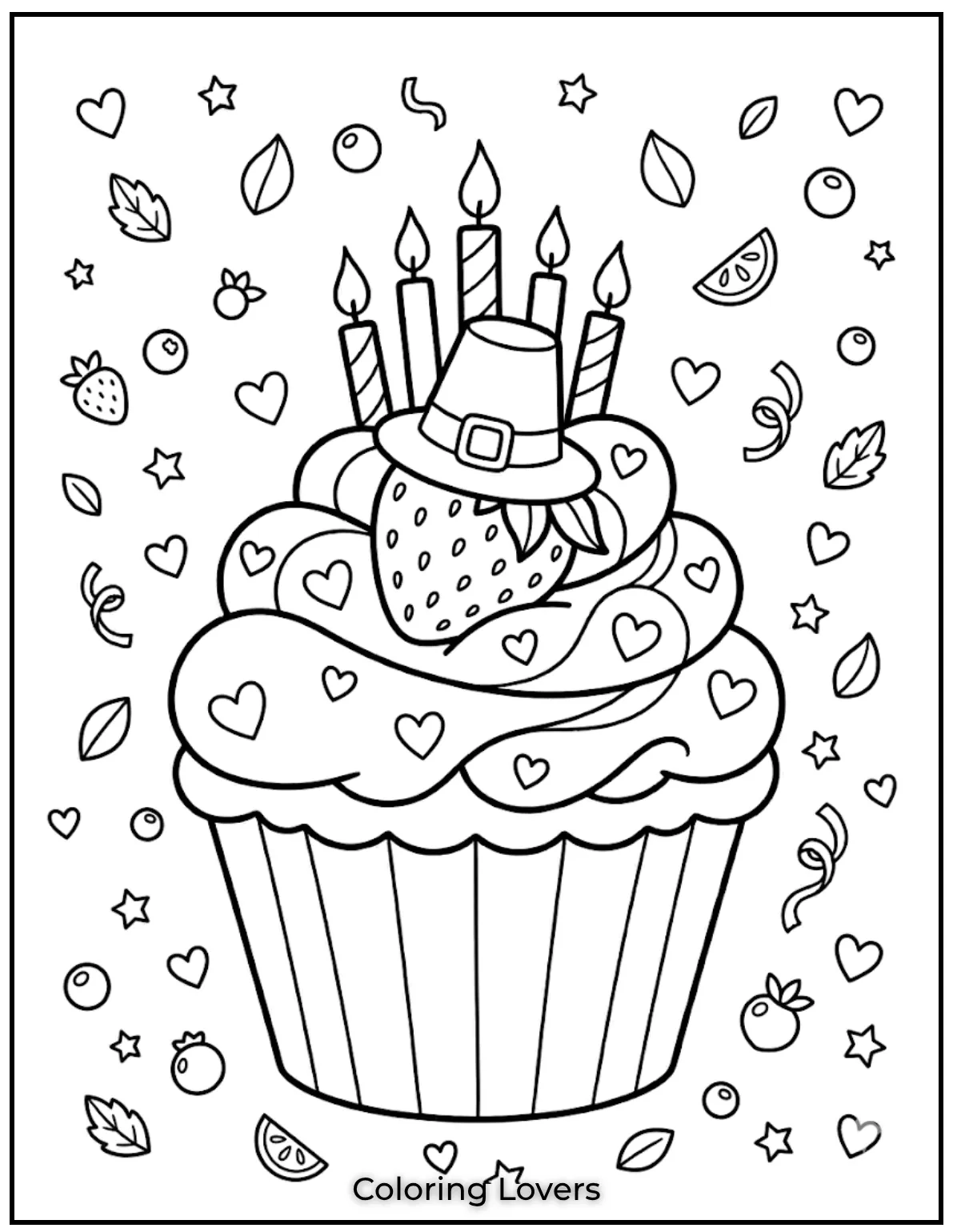 Surprising Cupcake Coloring Pages 20 Strawberry cupcake coloring page includes fruity topping, hearts, and adorable sweet cupcake design