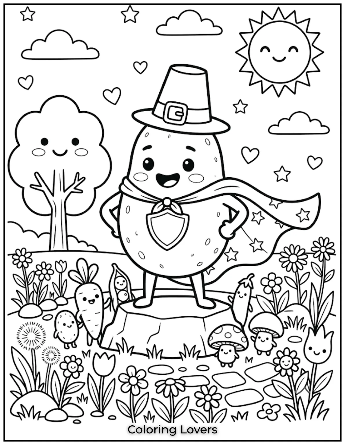 Free Potato Coloring Pages | The Cutest Printables for All 18 Draw Potato wearing a superhero cape, helping friends, saving the day, and spreading courage with every colorful adventure.
