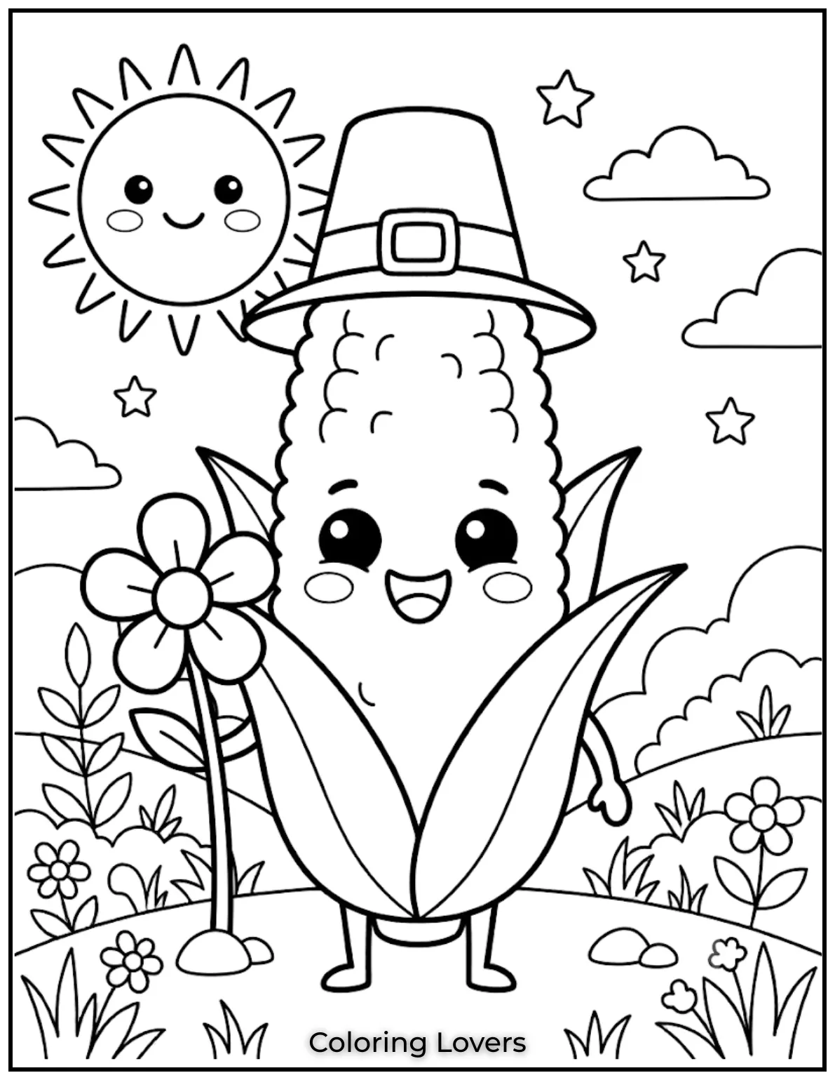 Fall in Love with These Adorable Corn Coloring Pages 8 A sweet corn coloring page with flowers and sunshine creates a joyful activity children will happily color every day.