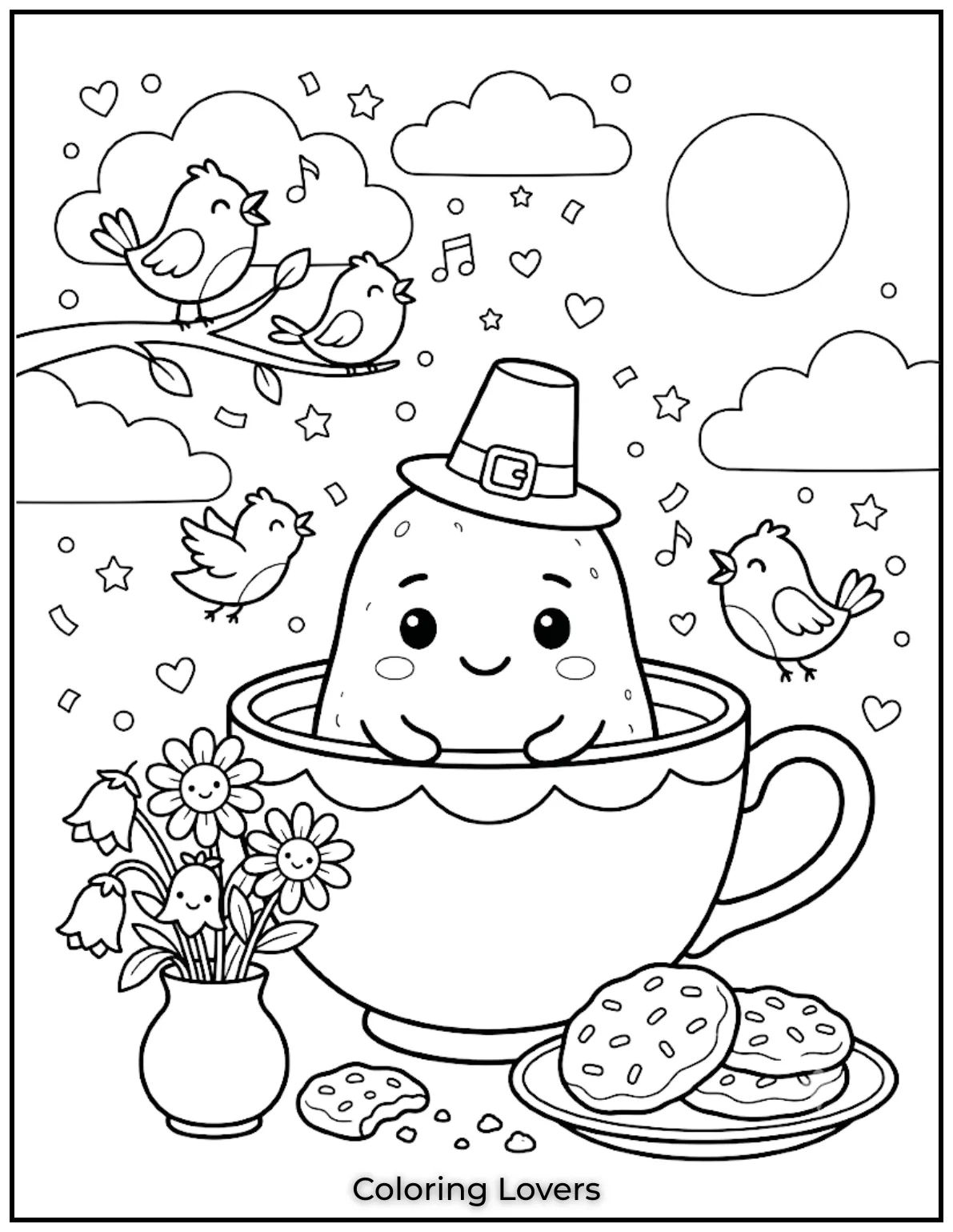 Free Potato Coloring Pages | The Cutest Printables for All 14 Draw a tiny Potato sitting inside a teacup beside cookies, flowers, and singing birds with joyful smiles everywhere.