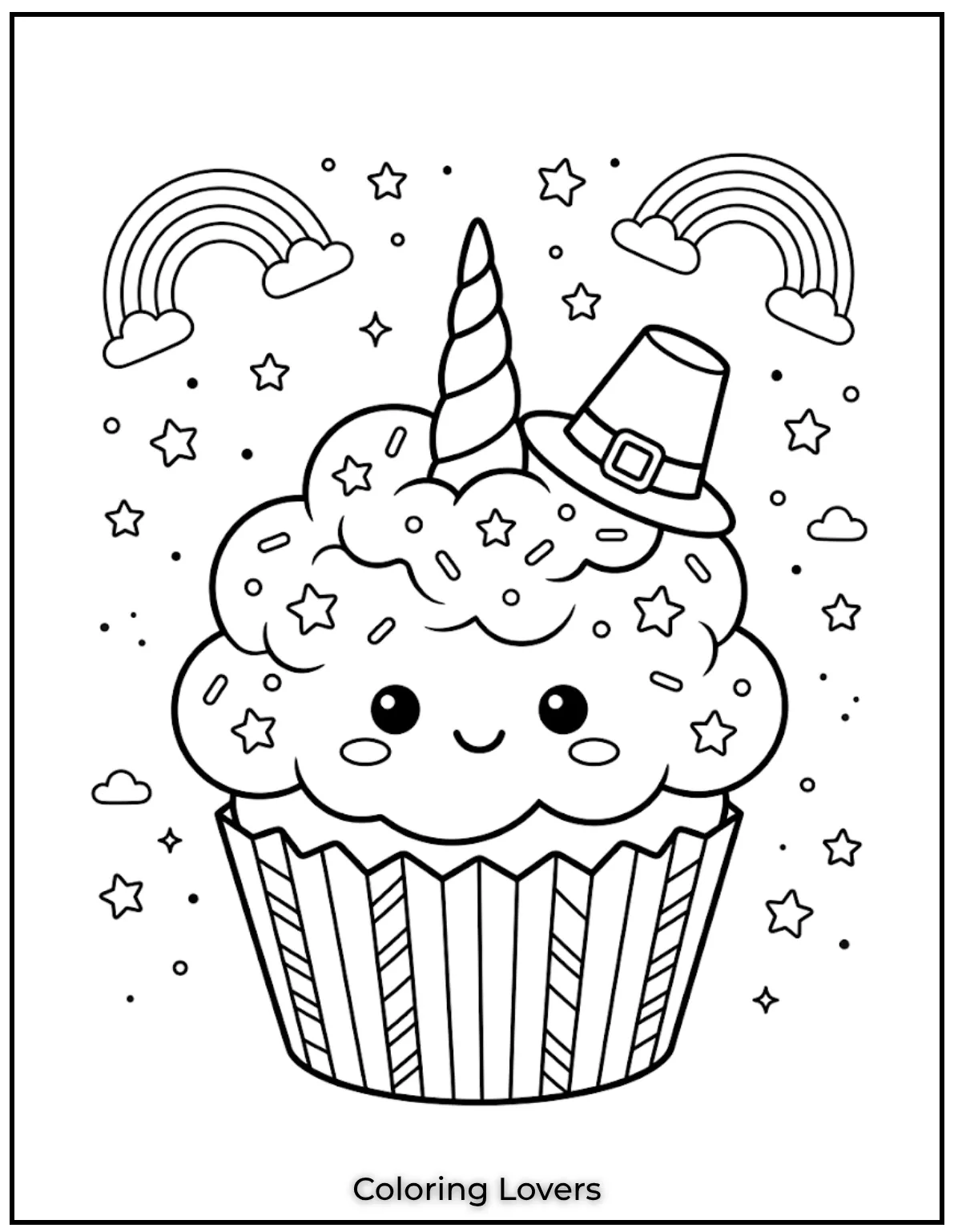 Surprising Cupcake Coloring Pages 5 Magical unicorn cupcake coloring page includes horn, rainbow frosting, stars, and cute outlines.