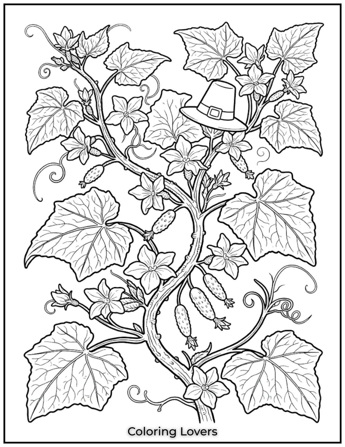 The Funniest Cucumber Coloring Pages You Need Today 15 Detailed leaves, curling vines, and blooming flowers create an elegant botanical illustration perfect for peaceful coloring sessions daily.