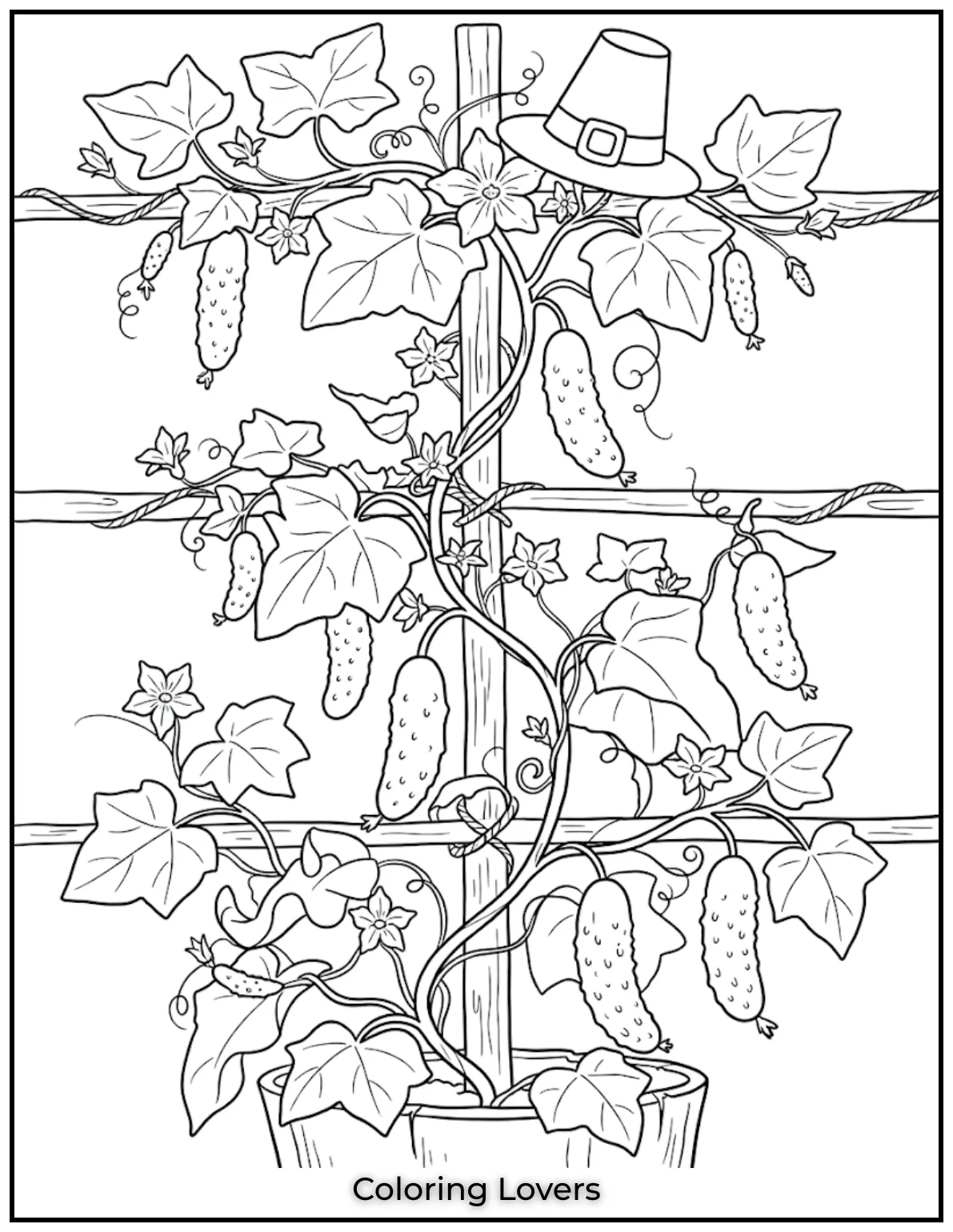 The Funniest Cucumber Coloring Pages You Need Today 23 Tall vines stretch upward across sturdy supports, creating an attractive cucumber garden filled with natural printable beauty and charm.