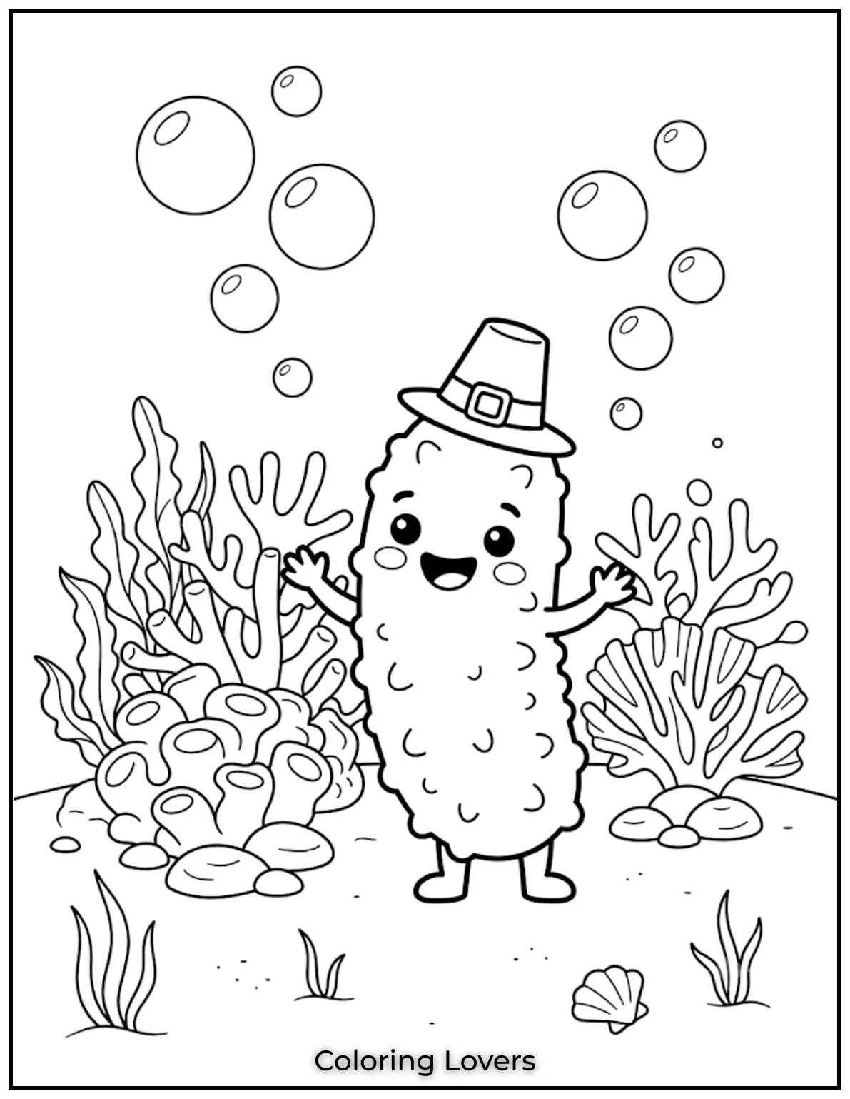 The Funniest Cucumber Coloring Pages You Need Today 14 Beautiful coral reefs, waving seaweed, and floating bubbles give this sea cucumber an attractive ocean-inspired printable background.