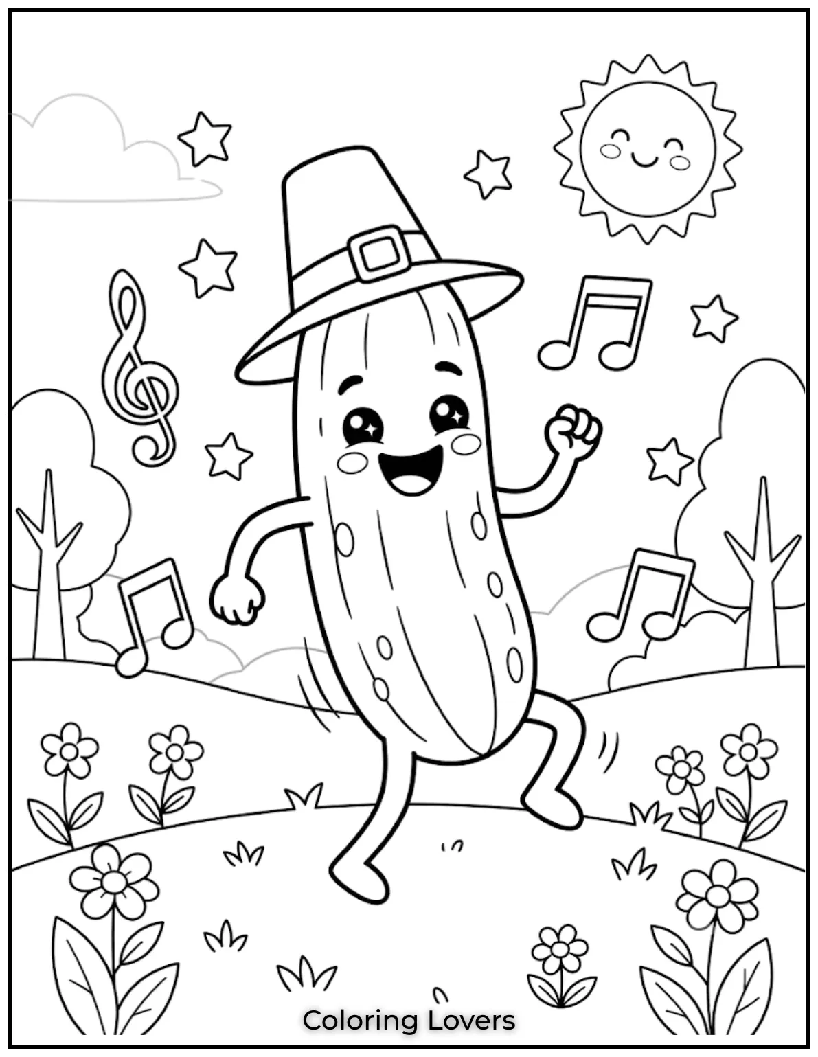 The Funniest Cucumber Coloring Pages You Need Today 5 Joyful dance moves and playful music notes make this lively cucumber illustration exciting without adding complicated drawing details.