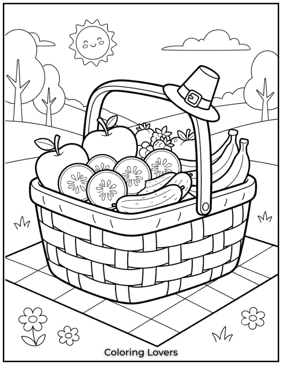 The Funniest Cucumber Coloring Pages You Need Today 20 Fresh cucumber slices rest inside a picnic basket surrounded by light decorations and cheerful outdoor scenery for coloring.