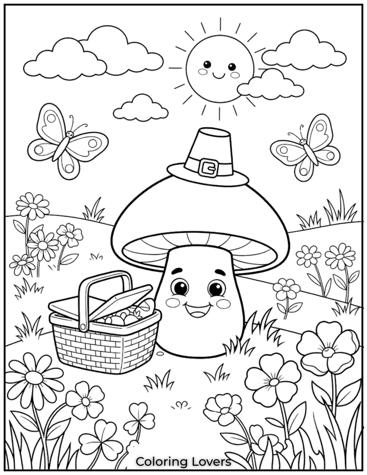Amazing Mushroom Coloring Pages Kids Will Absolutely Love 6 Pack colorful imagination beside adorable mushrooms, picnic treats, butterflies, and blooming flowers for joyful artistic adventures outdoors.
