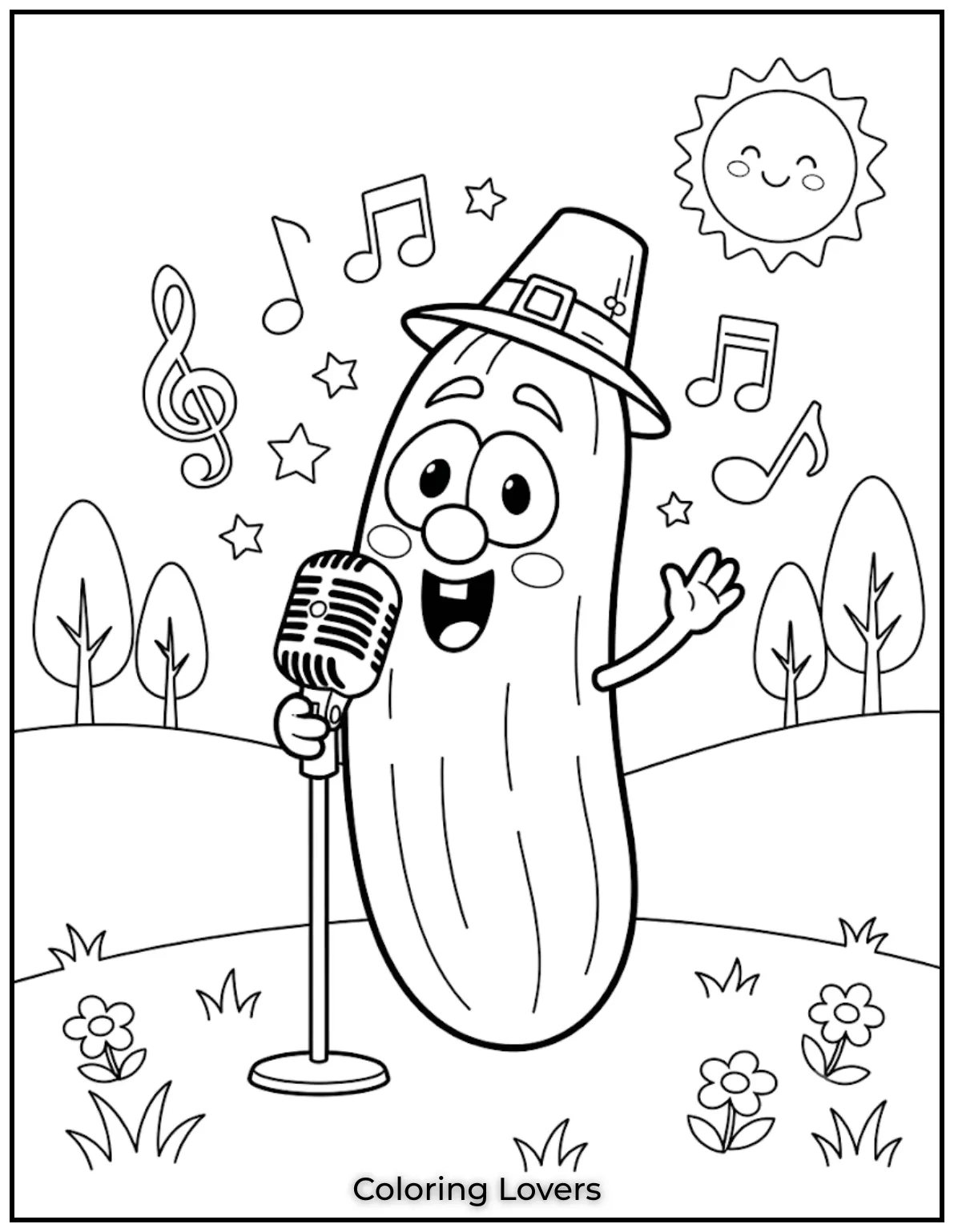 The Funniest Cucumber Coloring Pages You Need Today 10 Musical notes surround Larry while cheerful singing creates a lively printable scene packed with personality and creative excitement.